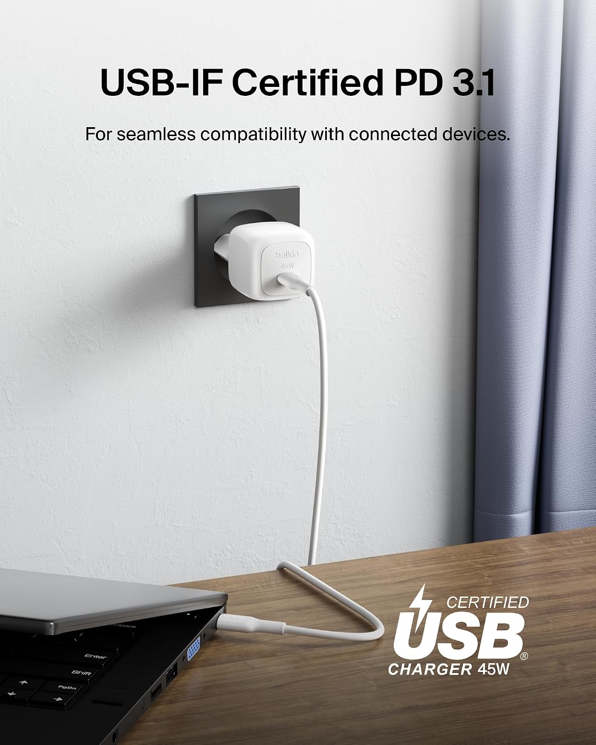 Belkin Compact USB Charger (45W) USB-C Power Delivery Fast Charging for Apple iPhone 16, 16 Plus, 16 Pro, 16 Pro Max, iPhone 15 Series, Samsung Galaxy S25, iPad, AirPods etc. - White