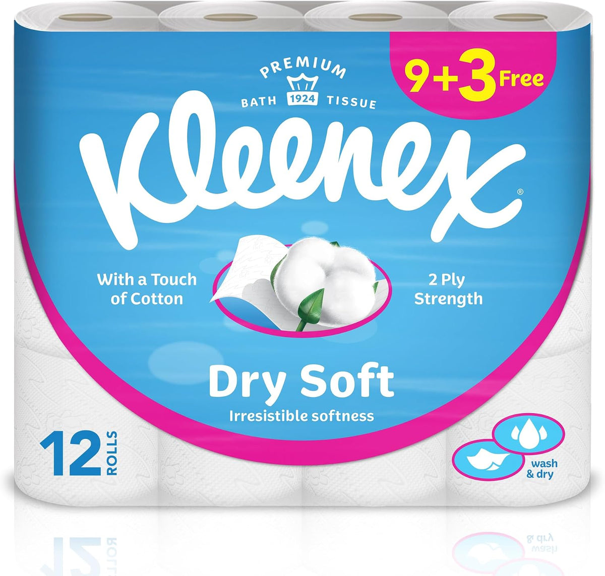 Kleenex Dry Soft Toilet Tissue Paper, 2 PLY, 12 Rolls x 200 Sheets, Embossed Bathroom Tissue with a Touch Of Cotton — front product image