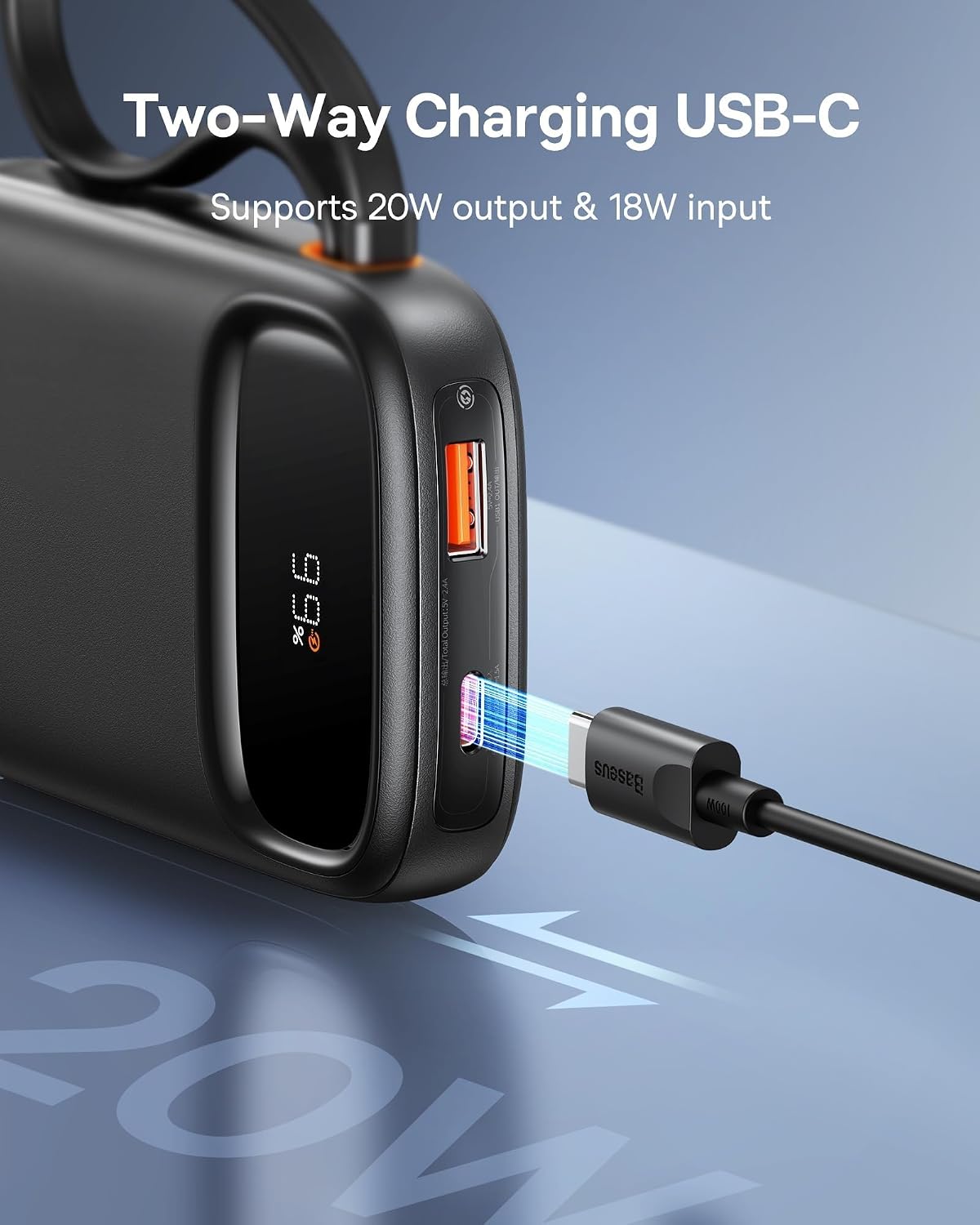 Baseus Qpow2 10000mAh Power Bank with Built-in Cables, 22.5W Fast Charging Portable Charger with LED Display, 4 Output Battery Pack — 10K-22.5W-C+L — Black
