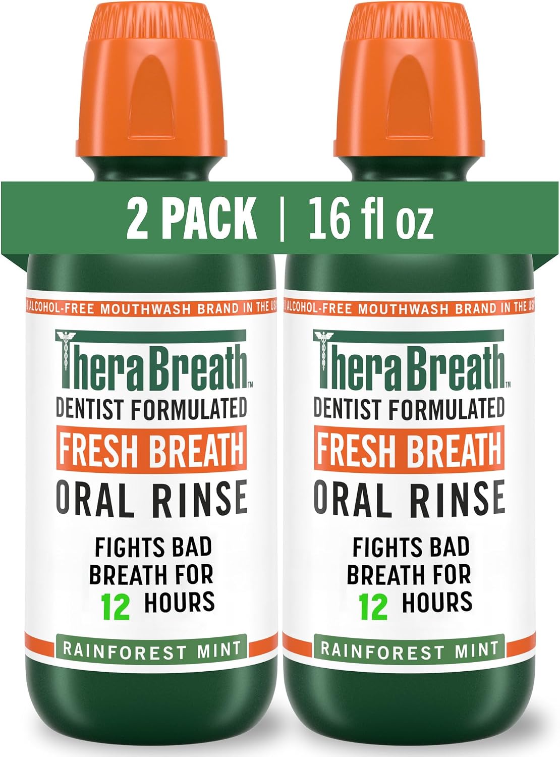 TheraBreath Fresh Breath Oral Rinse, Rainforest Mint, 16 oz, 2-Pack — front product image