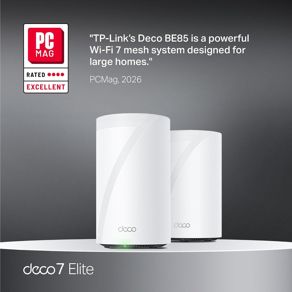 TP-Link Tri-Band WiFi 7 BE22000 Whole Home Mesh System (Deco BE85) | 12-Stream 22 Gbps | 2× 10G + 2× 2.5G Ports Wired Backhaul, 8× High-Gain Antennas | VPN, AI-Roaming, 4×4 MU-MIMO, HomeShield(2-Pack)