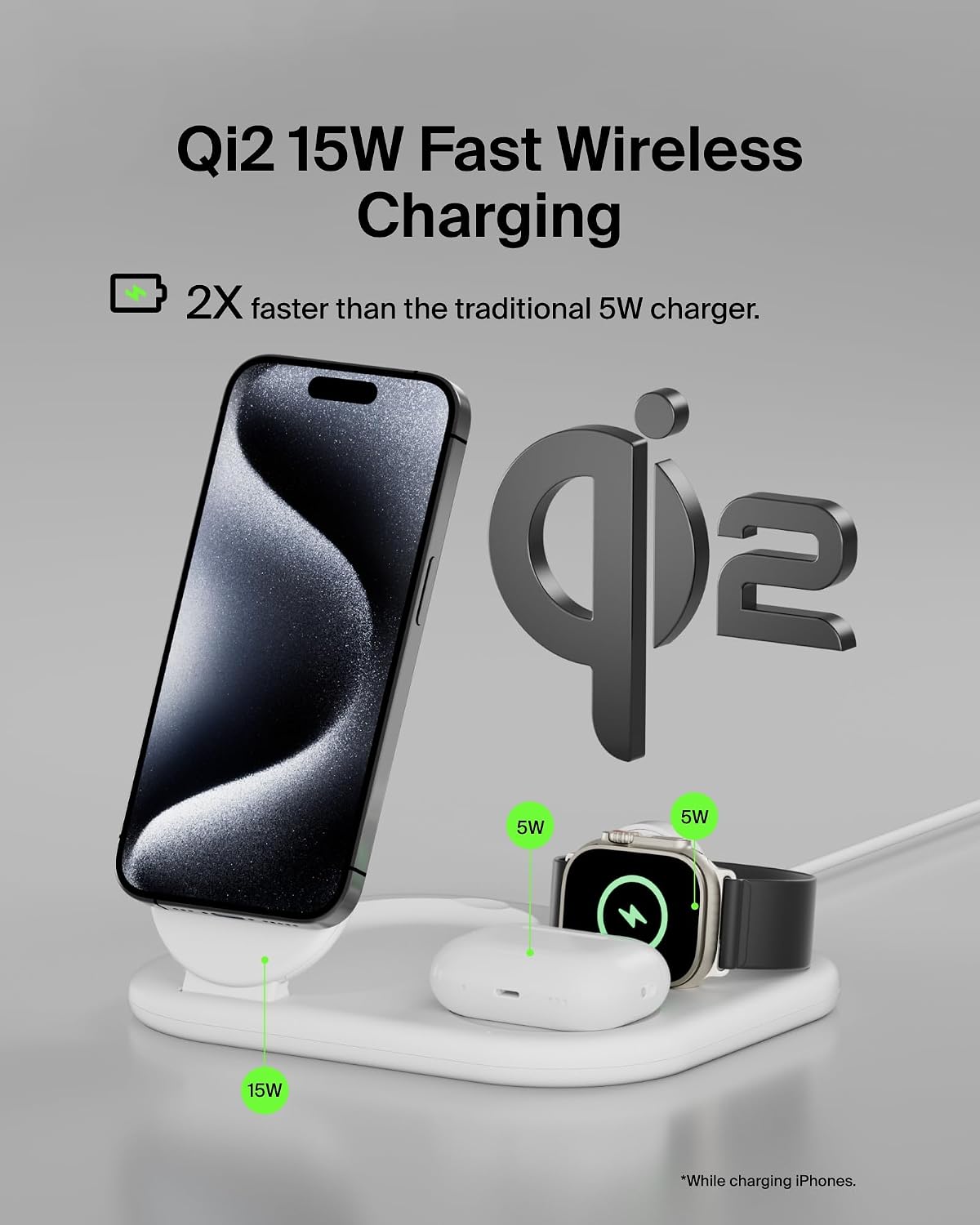 Belkin BoostCharge 3-in-1 Magnetic Foldable Charger with Qi2 15W, MagSafe Compatible Fast Charger for iPhone 17, Air, 16, Pixelsnap, Apple Watch, AirPods with Non-Slip Base, PSU Included - White