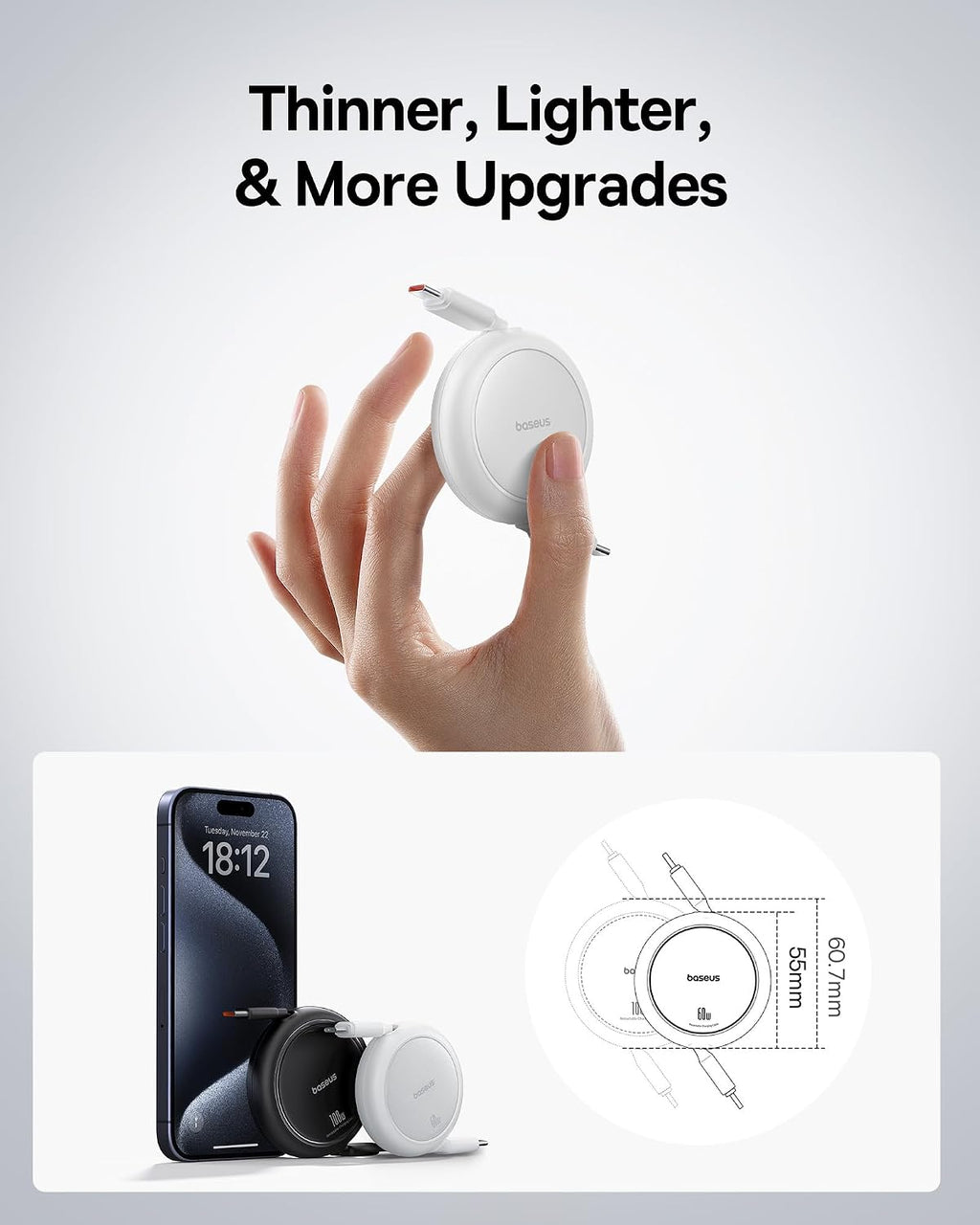 Baseus Free2Pull Mini Retractable USB-C to USB-C Cable 60W — 1m — White