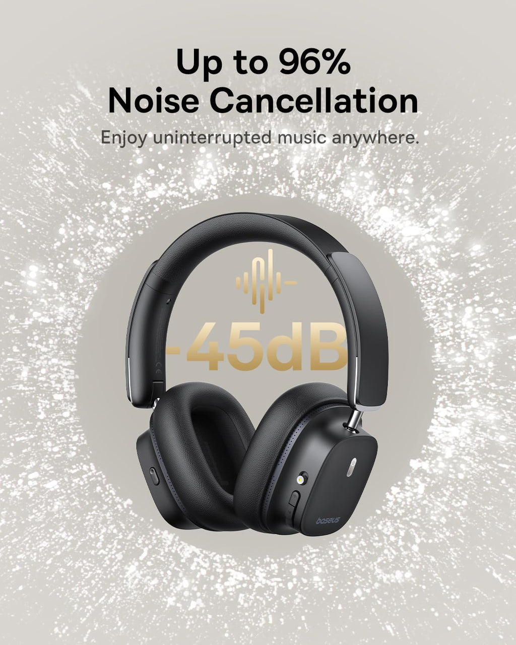 Baseus Bowie 30 Max Active Noise Cancelling Headphones, Head Tracking Spatial Audio, LDAC Hi-Res Wireless Sound, 65H Playtime, Comfort Fit, Clear Calls, App Control — Black