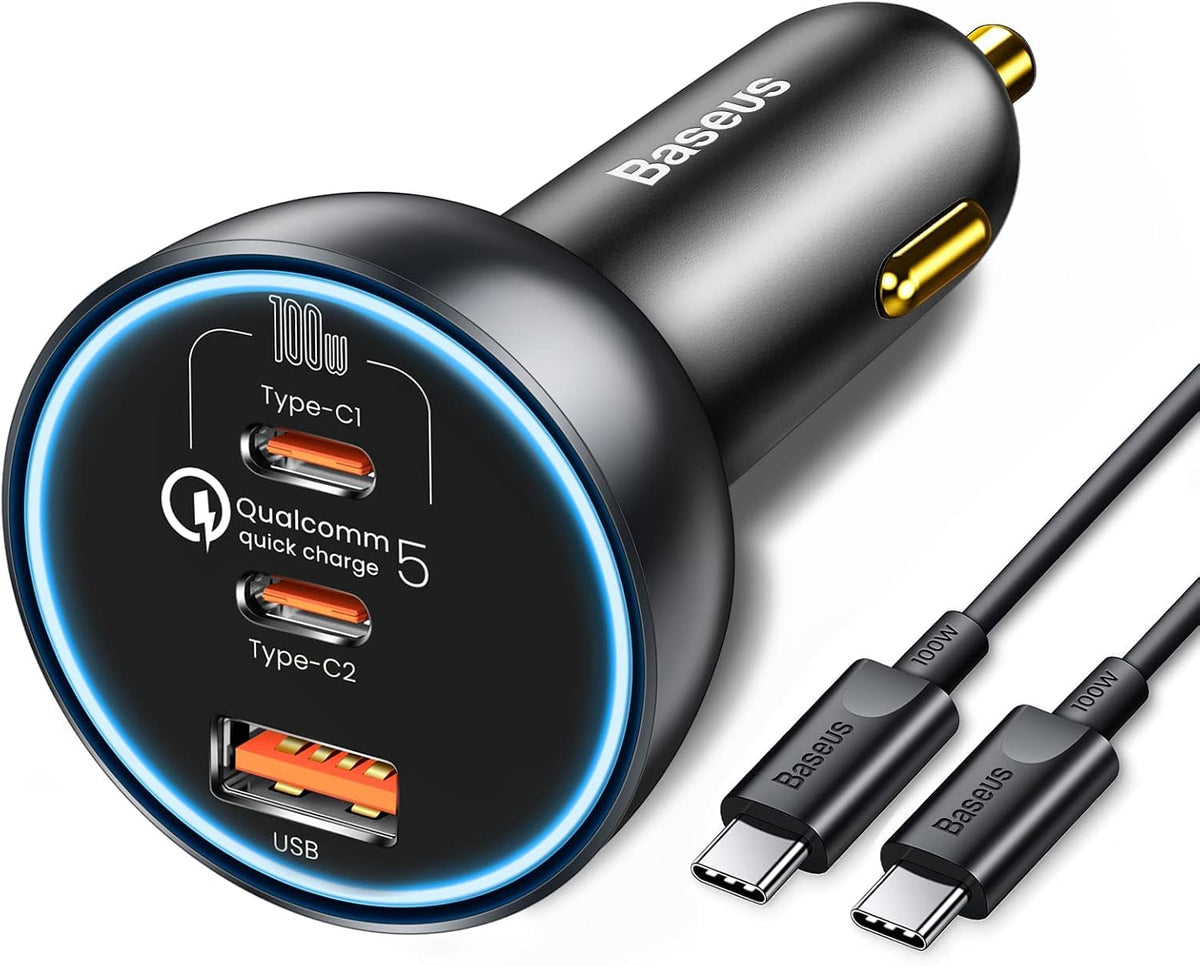 Baseus Qualcomm® Quick Charge™ 5 Technology Multi-Port Fast Charge Car Charger C+C+U 160W set Gray（with Baseus Xiaobai series fast charging Cable Type-C to Type-C 100W (20V/5A) 1m Black） — Black