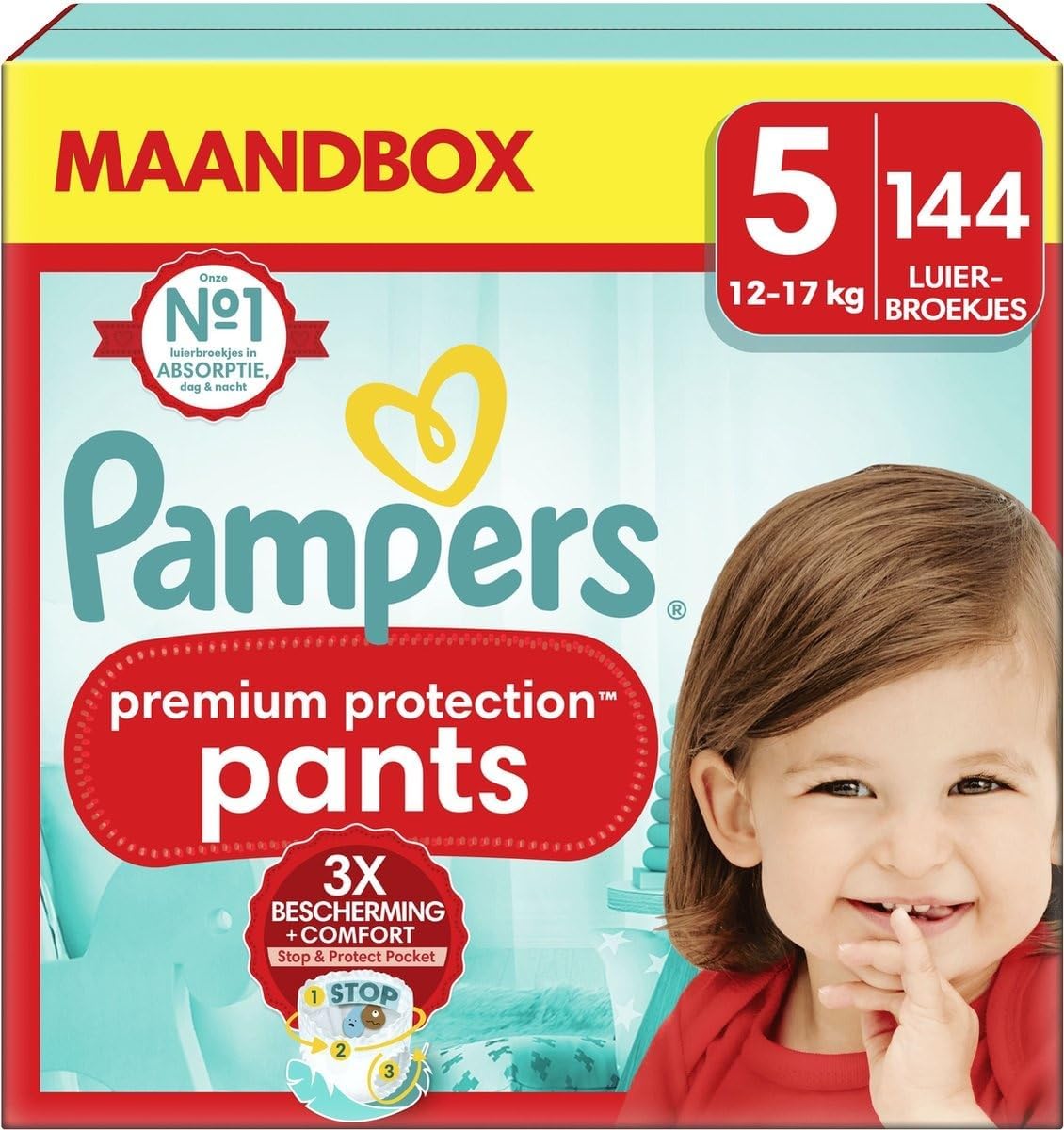 Pampers Premium Protection Pants Size 5, 144 Nappies, 11 kg - 17 kg, with 360° Fit and 2 x Wider Cuffs than Before for Our Best Comfort and Protection