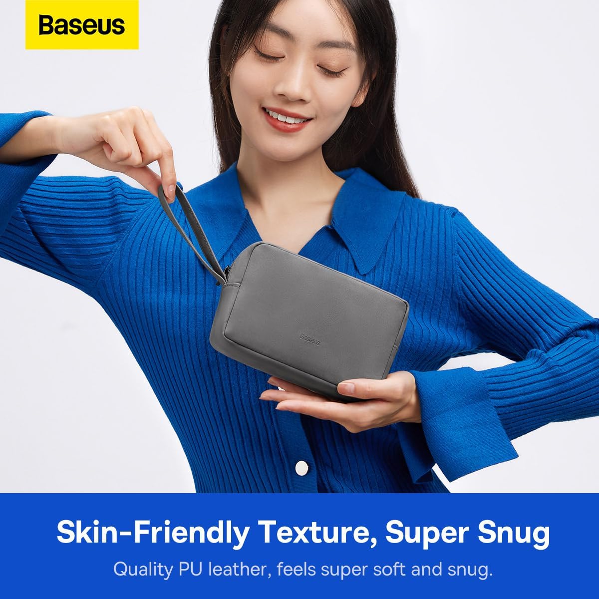 Baseus Hard Drive Bag, Storage Leather Bag, Organizer Case with Layered, Travel Gear Storage Carrying Pouch for USB Cable, Earphones, Power Banks — Grey