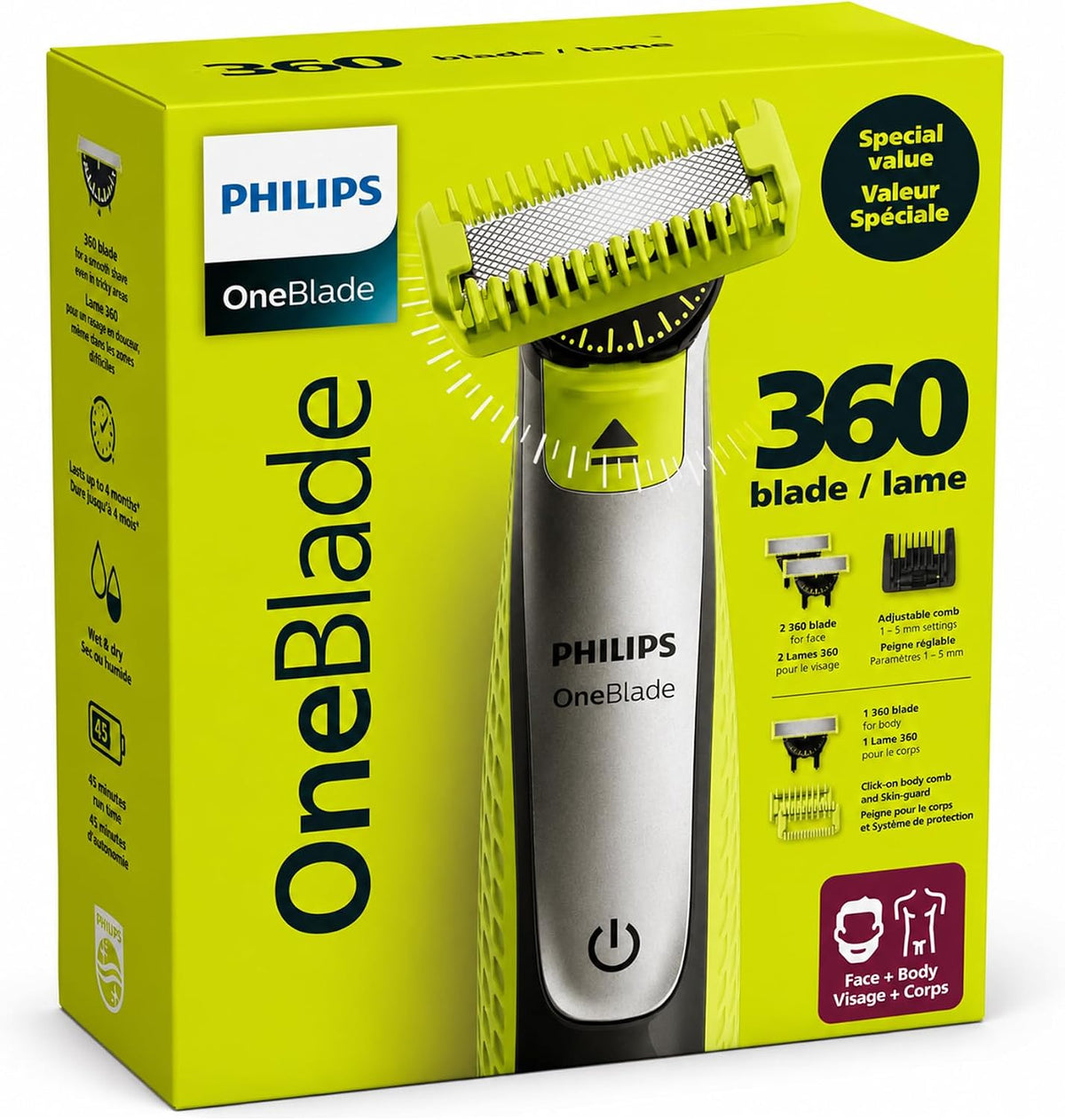 Philips OneBlade 360 Face + Body Trimmer & Shaver – QP2834/65 — 3 Face 360 Blades, 1 Body 360 Blade, Adjustable Comb (1–5mm), Wet And Dry Use, 100% Waterproof, Blade Lasts 4 Months — Grey