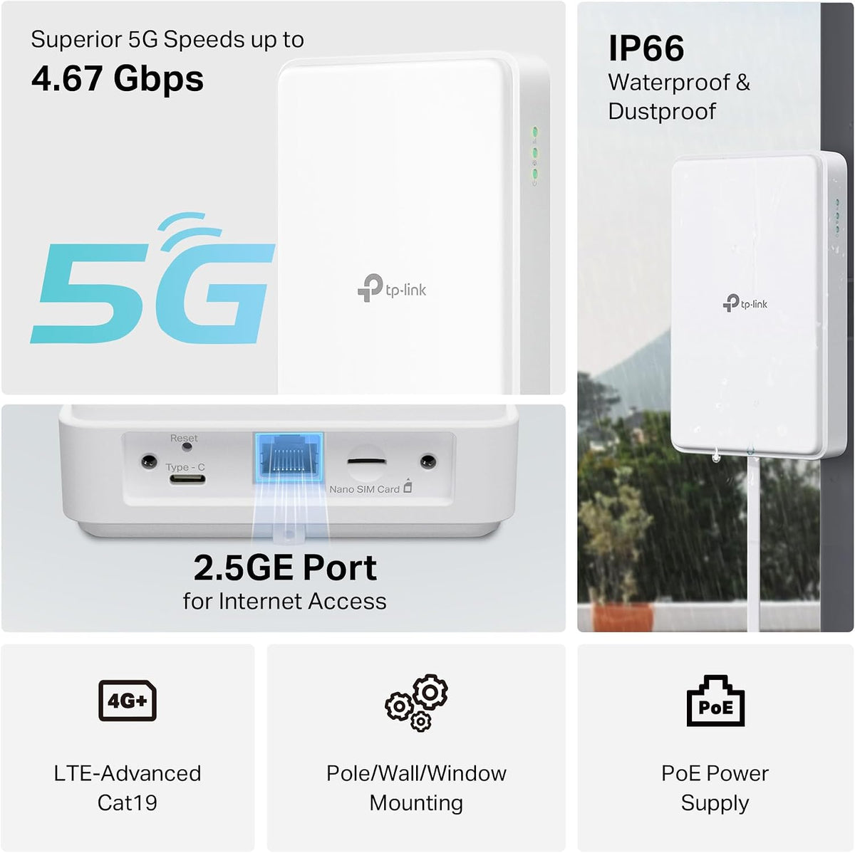 TP-Link NE200-Outdoor 5G Router with External SIM, 5G Download Speed up to 4.67Gbps, 4G CAT19 up to 1.6Gbps, 2.5GE Port, Supports Passive PoE and 802.3af/802.3at, IP66, Flexible Mount