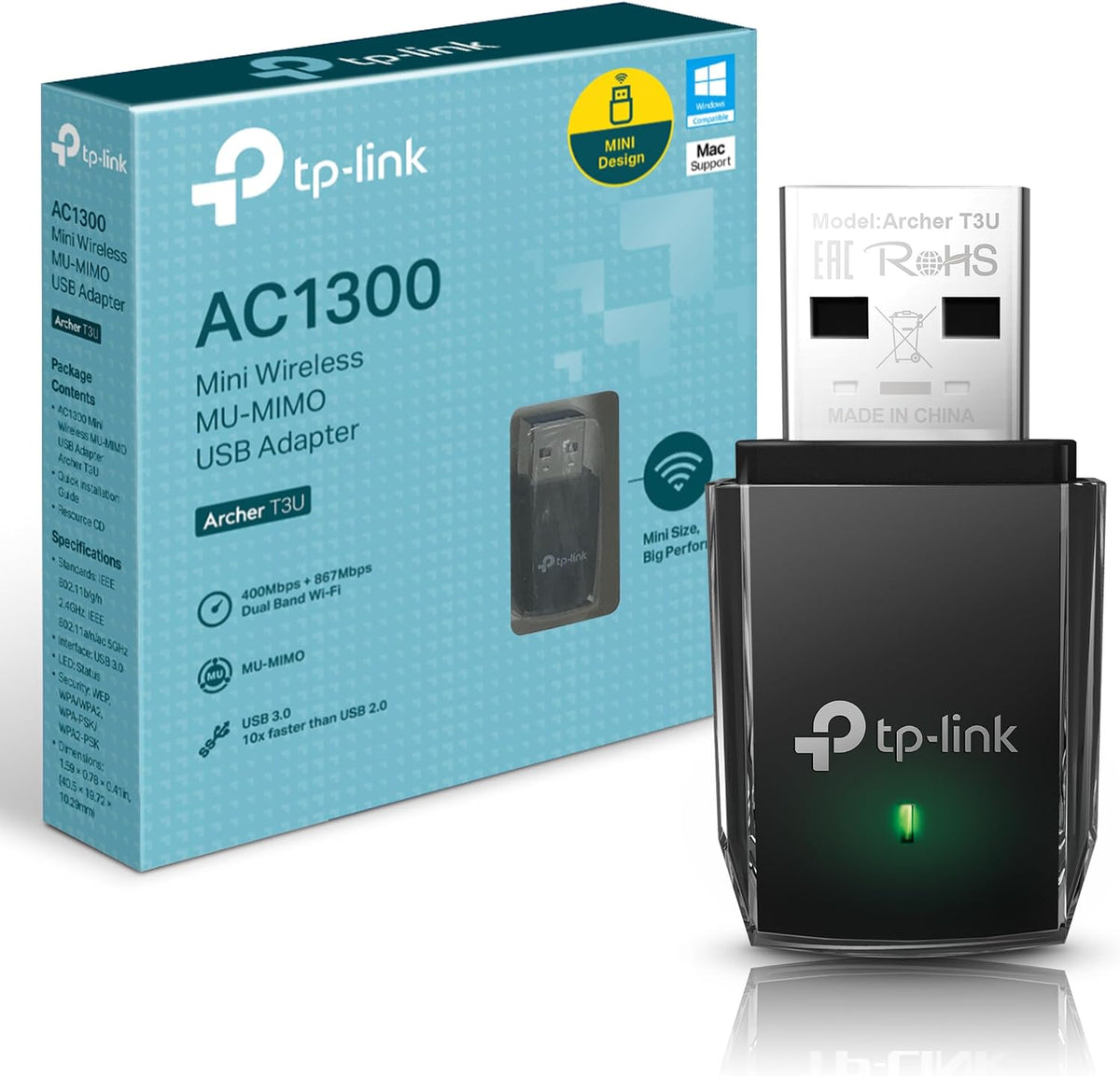 TP-Link 1300 Mbps High Gain Wireless Dual Band USB Adapter, 3dBi Dual Omni Directional Antenna, Supports Windows 8.1/8/7/XP, Mac OS, Linux (Archer T3U)