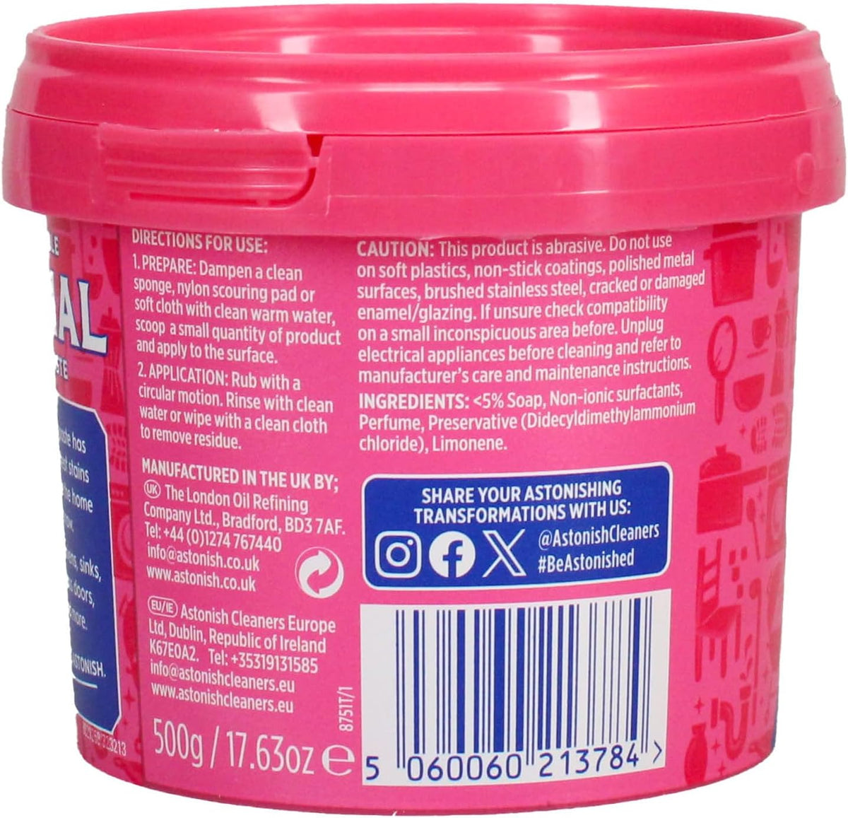 Astonish Original Cleaning Paste - Multi-Surface Abrasive Cleaner, Mandarin Peach Scent, No Harsh Chemicals, Vegan Cruelty-Free, Tough on Grease Grime Stains - Pink Recyclable Tub - 500g — additional product view 2