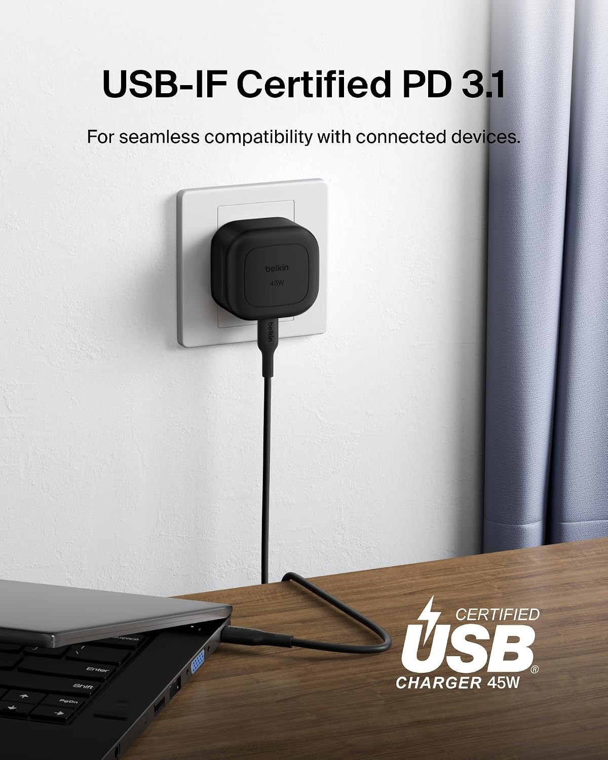 Belkin Compact Wall Charger 45W + USB-C to USB-C Cable, Fast Charging for Apple iPhone 17, iPhone Air, iPhone 16 Serie, Samsung Galaxy S25, Google Pixel, iPad, AirPods & More - Black