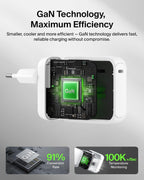 Belkin BoostCharge USB C Plug Charger 100W, GaN Compact and Foldable Plug Charger, Fast Charging for iPhone 17, Samsung Galaxy S26, Pixel 10, Tablet, MacBook - 1.5m USB C Cable Included - White