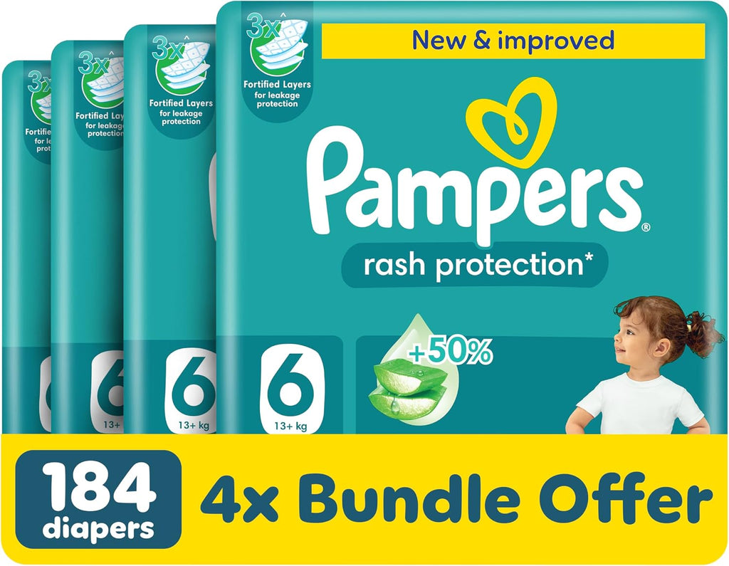 Pampers Rash Protection Taped Diapers, Size 6, 13+kg, +50% Aloe Vera Lotion for Rash Protection, 3x Fortified Layers for Leakage Protection, Giant Pack, 184 Count