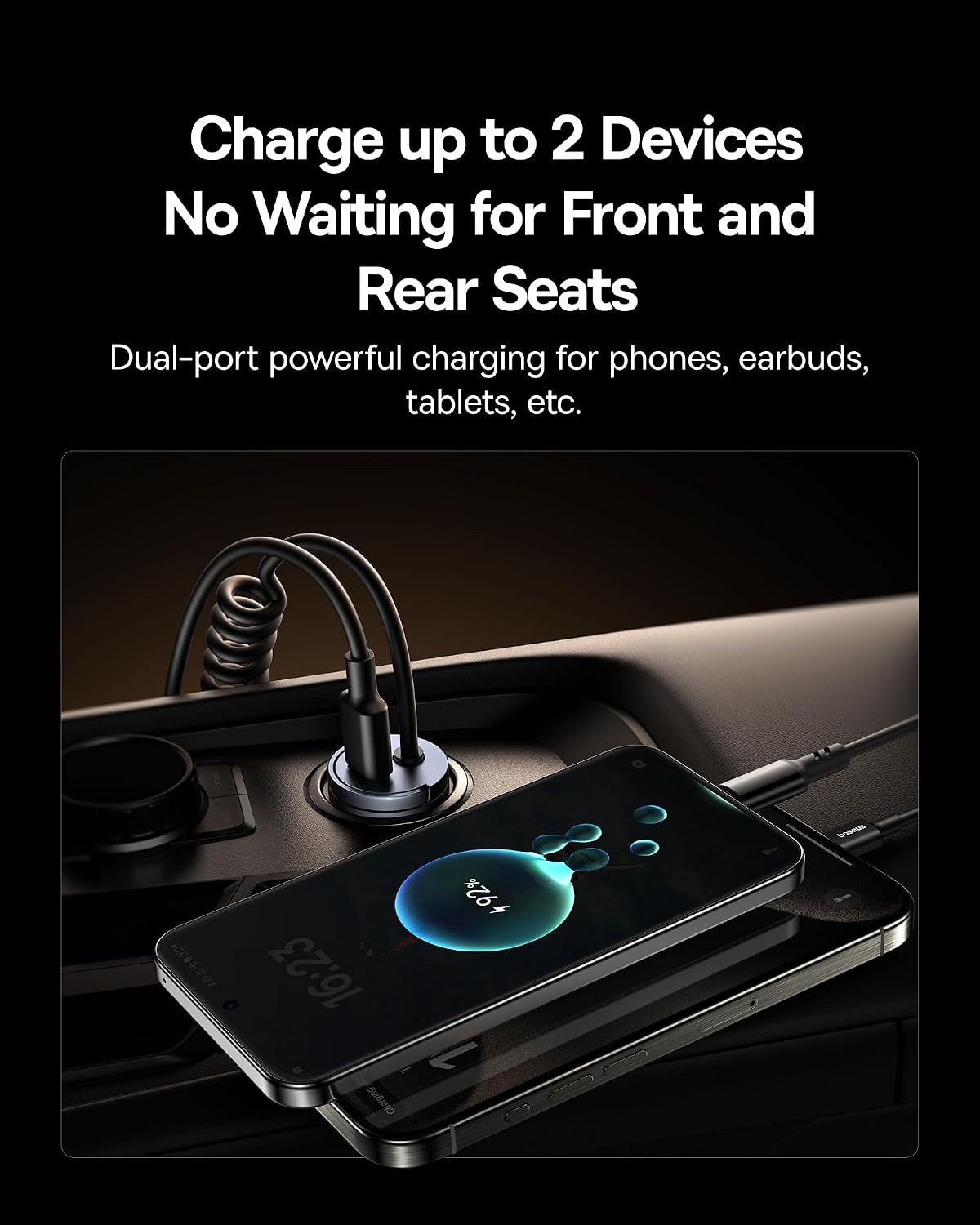 Baseus【1Port - Type C +30W Type L Coiled Cable】USB-C Car Phone Charger, Super Fast PD & QC 3.0 — Black