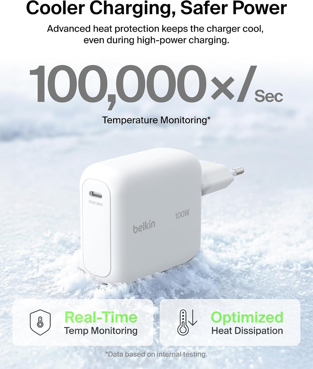 Belkin BoostCharge USB C Plug Charger 100W, GaN Compact and Foldable Plug Charger, Fast Charging for iPhone 17, Samsung Galaxy S26, Pixel 10, Tablet, MacBook - 1.5m USB C Cable Included - White