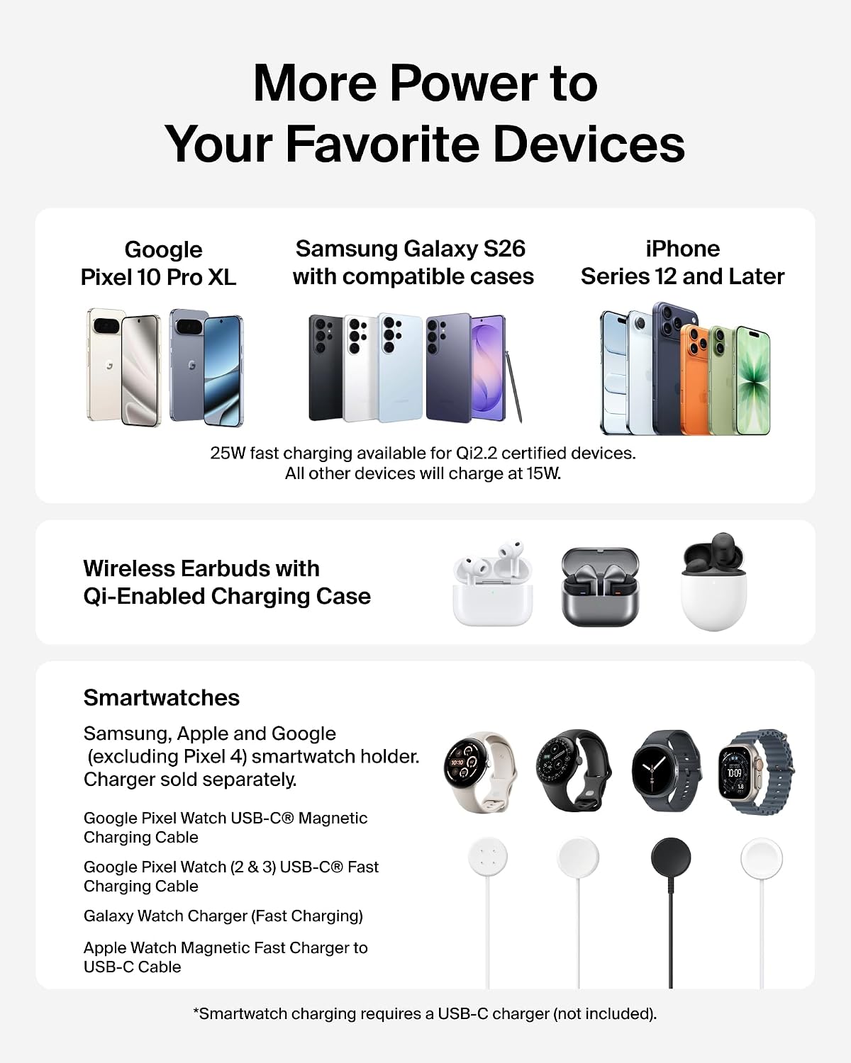 Belkin Ultracharge 3-in-1 Wireless Charging Station w/USB C Port for Smartwatch (watch charger not included), Qi2.2 Magnetic Charger 25W for Samsung S26, Galaxy Watch, Apple Watch, with 45W Adapter