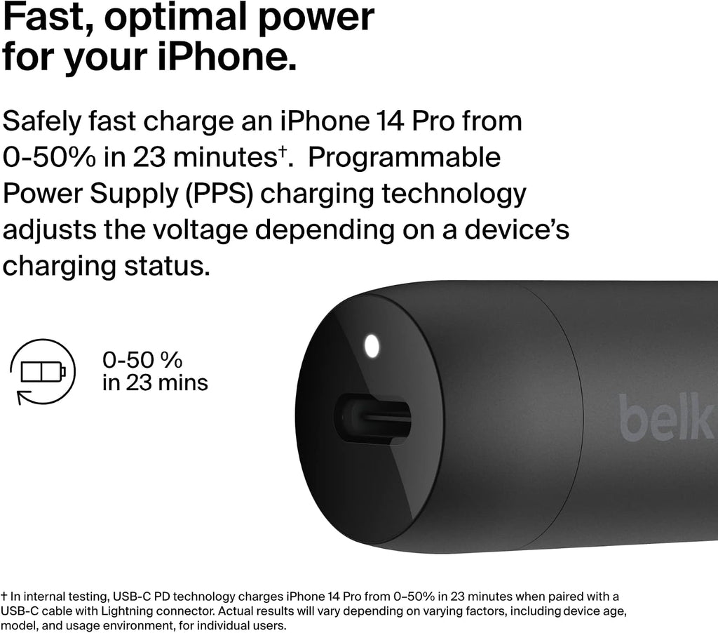 Belkin BOOST↑CHARGE™ 30W Fast Car Charger, Compact Design w/USB-C Power Delivery Port, USB-C to Lightning Cable Included, Universal Compatibility for iPhone 14 Series, iPad, and More - Black