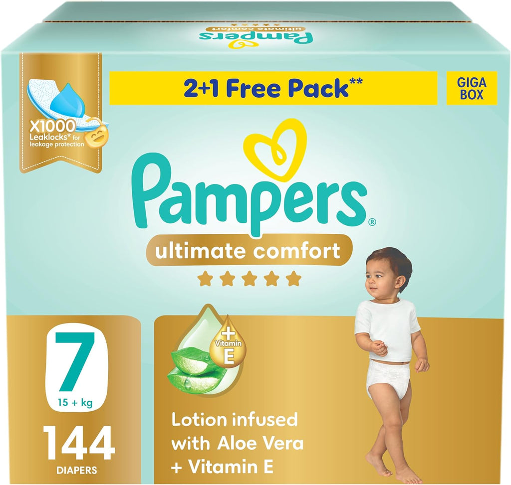 Pampers Ultimate Comfort Premium Taped Diapers 15+kg Size 7 Box 144 Count