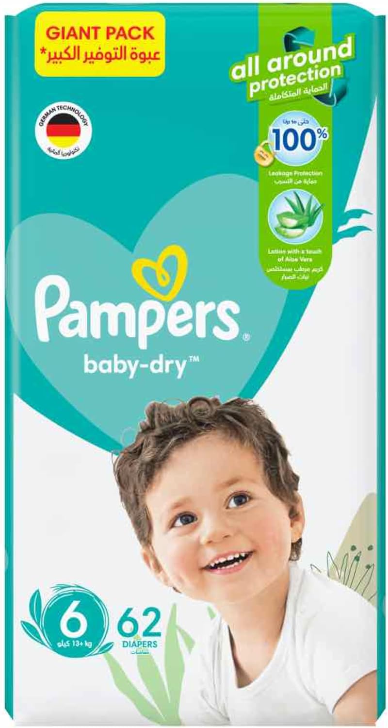 Pampers Baby-Dry Taped Diapers with Aloe Vera Lotion, up to 100% Leakage Protection, Size 6, 13+kg, 62 Count