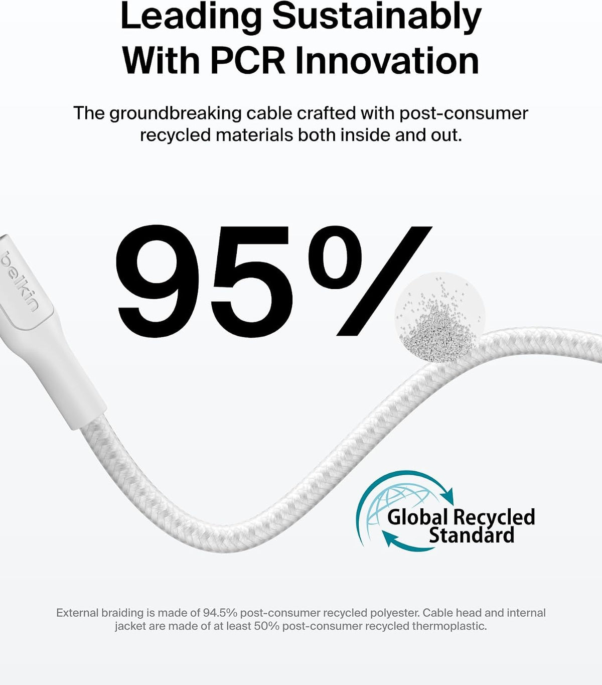 Belkin Eco Braided USB-C to USB-C Cable (1M, 240W) - Soft, Flexible Fast-Charging Cable, Type C Charger Cord for iPhone 16, Galaxy S25, Pixel 9, MacBook, iPad Pro, & More - White (USB 2.0)