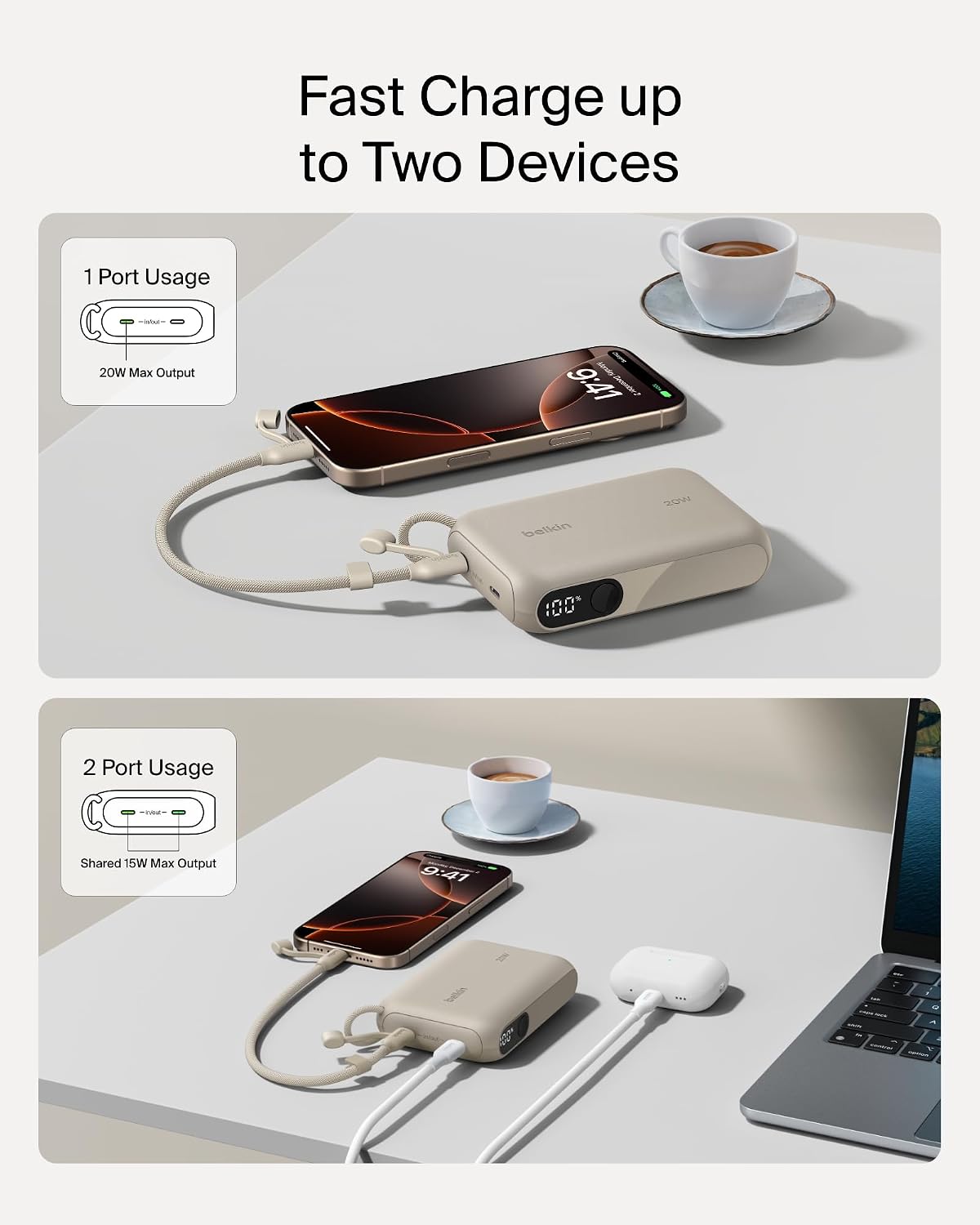 Belkin BoostCharge 10000mAh Power Bank with Digital Battery Display - Sand