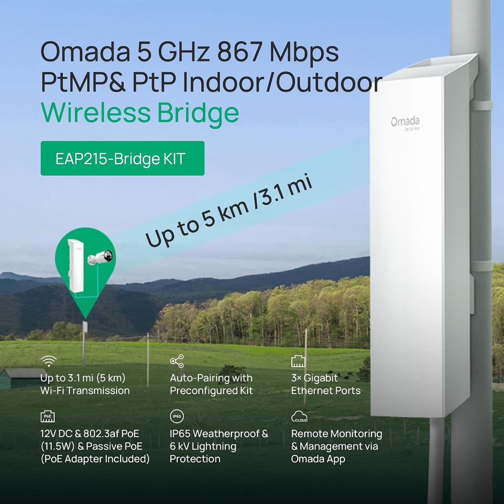 TP-Link Omada EAP215-Bridge KIT | 5 GHz 867 Mbps Point to Point Wireless Bridge | Indoor/Outdoor Long Range Access Point, 3 Miles | Mesh, MU-MIMO | SDN Integrated | Cloud Access & Omada App
