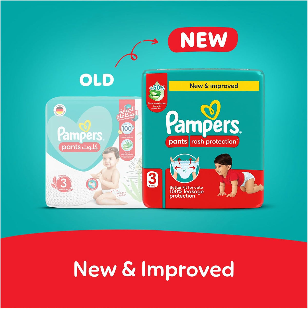 Pampers Rash Protection Pants Diapers, Size 3, 6-11kg, +50% Aloe Vera Lotion, 360° Leak-Free Fit for up to 100% Leakage Protection, Mega Pack, 60 Count