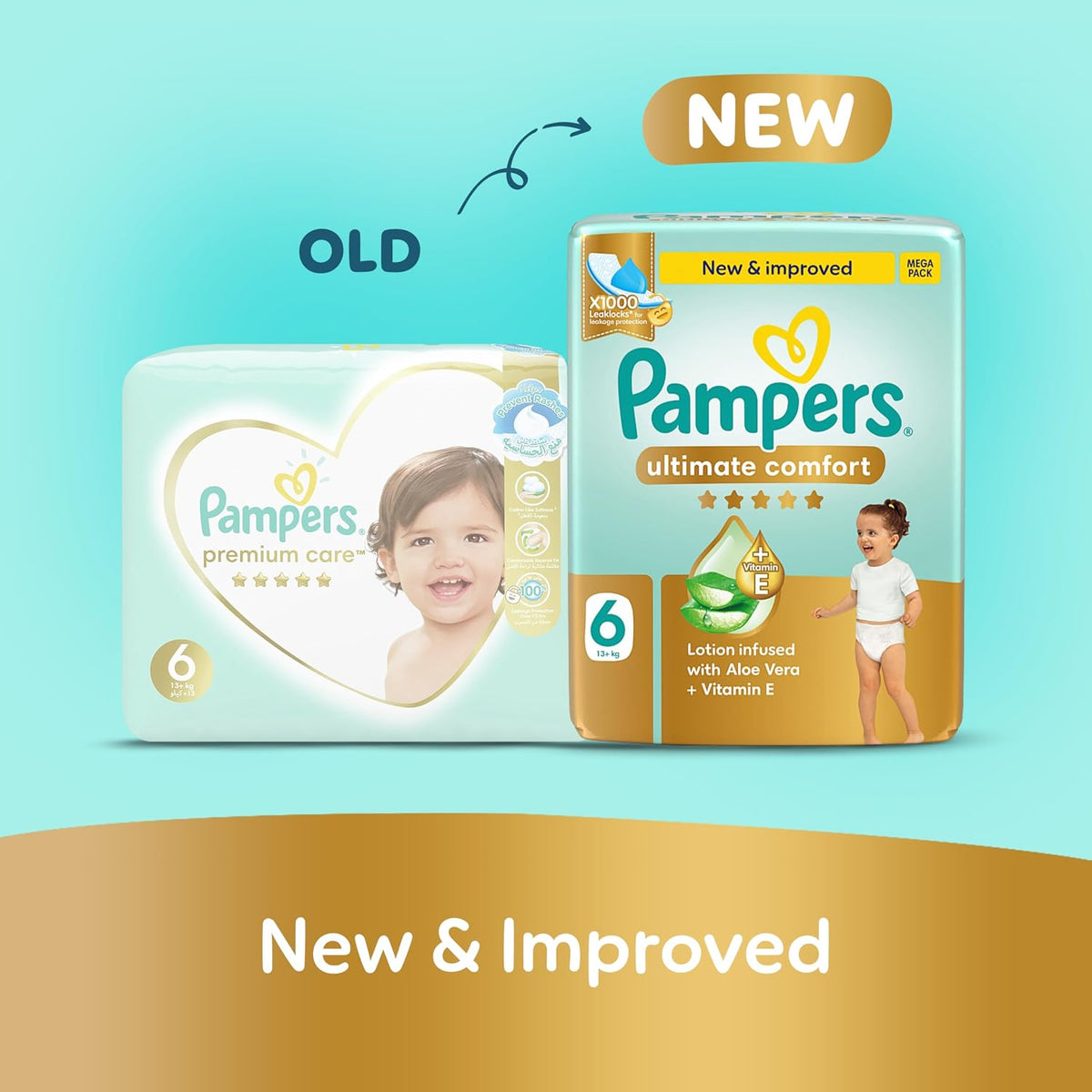 Pampers Ultimate Comfort Taped Diapers, Size 6, 13+kg, Lotion infused with Aloe Vera and Vitamin E, x1000 Leak Locks Technology for Leakage Protection, 144 Count