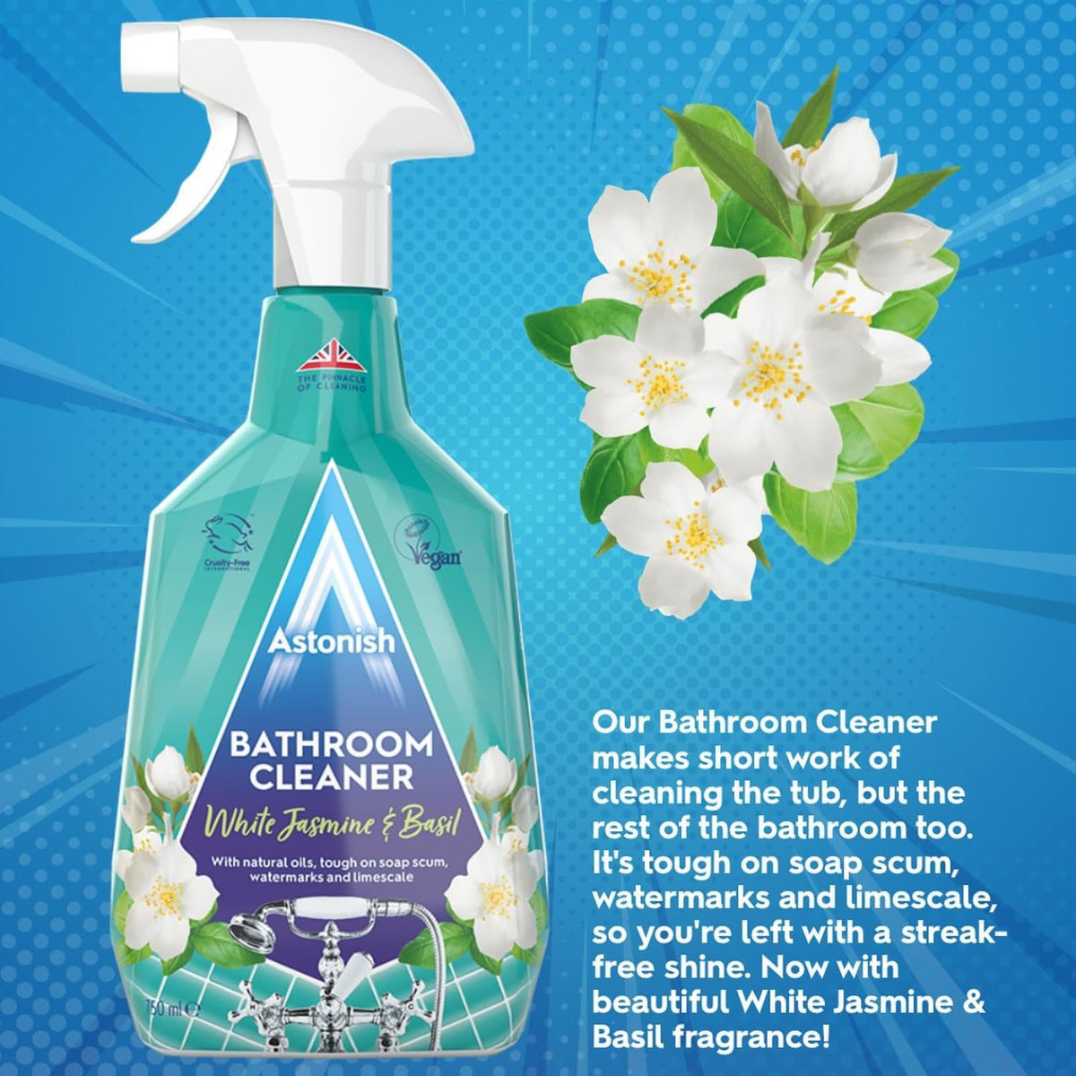 Astonish Bathroom Cleaner White Jasmine & Basil, Tough on Soap Scum Watermarks and Limescale, Streak Free Shine, With Natural Oils, Vegan and Cruelty Free Spray, 750ml — additional product view 4