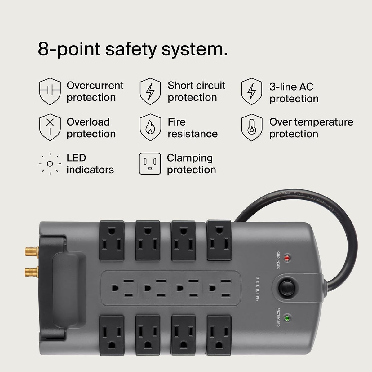 Belkin Surge Protector Power Strip w/ 8 Rotating & 4 Standard Outlets - 8ft Sturdy Extension Cord w/Flat Pivot Plug for Home, Office, Travel, Desktop & Charging Brick - 4320 Joules of Protection
