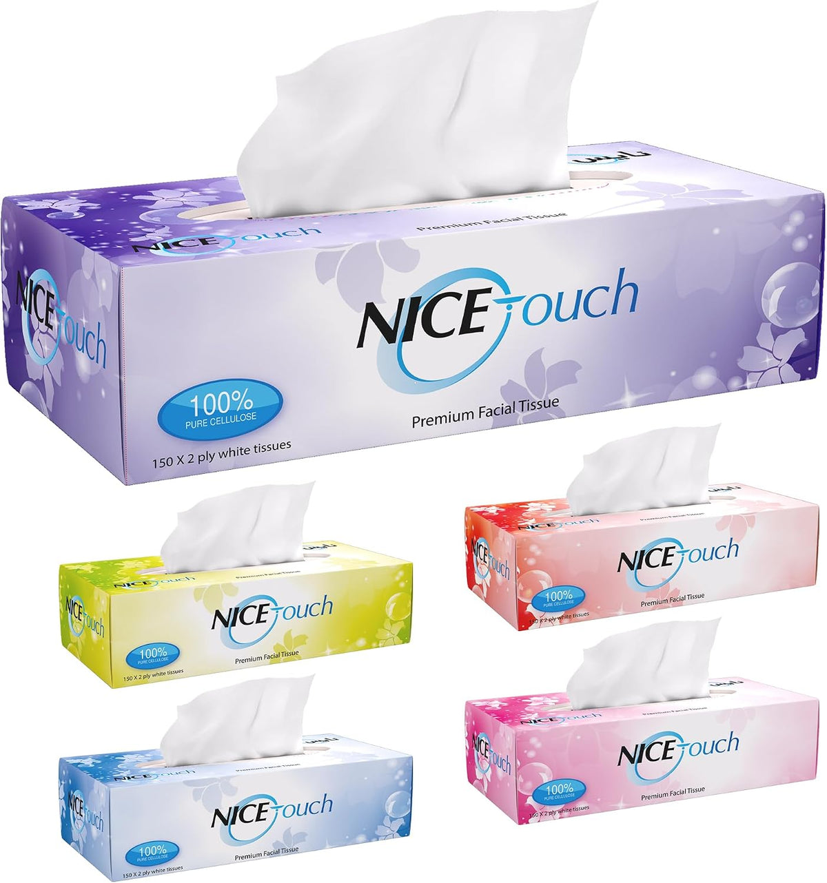 Nice Touch 2-Ply Facial Tissue Box, Pack of 5 boxes (150 sheets x 2 Ply) Large, Soft & Fluffy Facial Tissues — additional view 2
