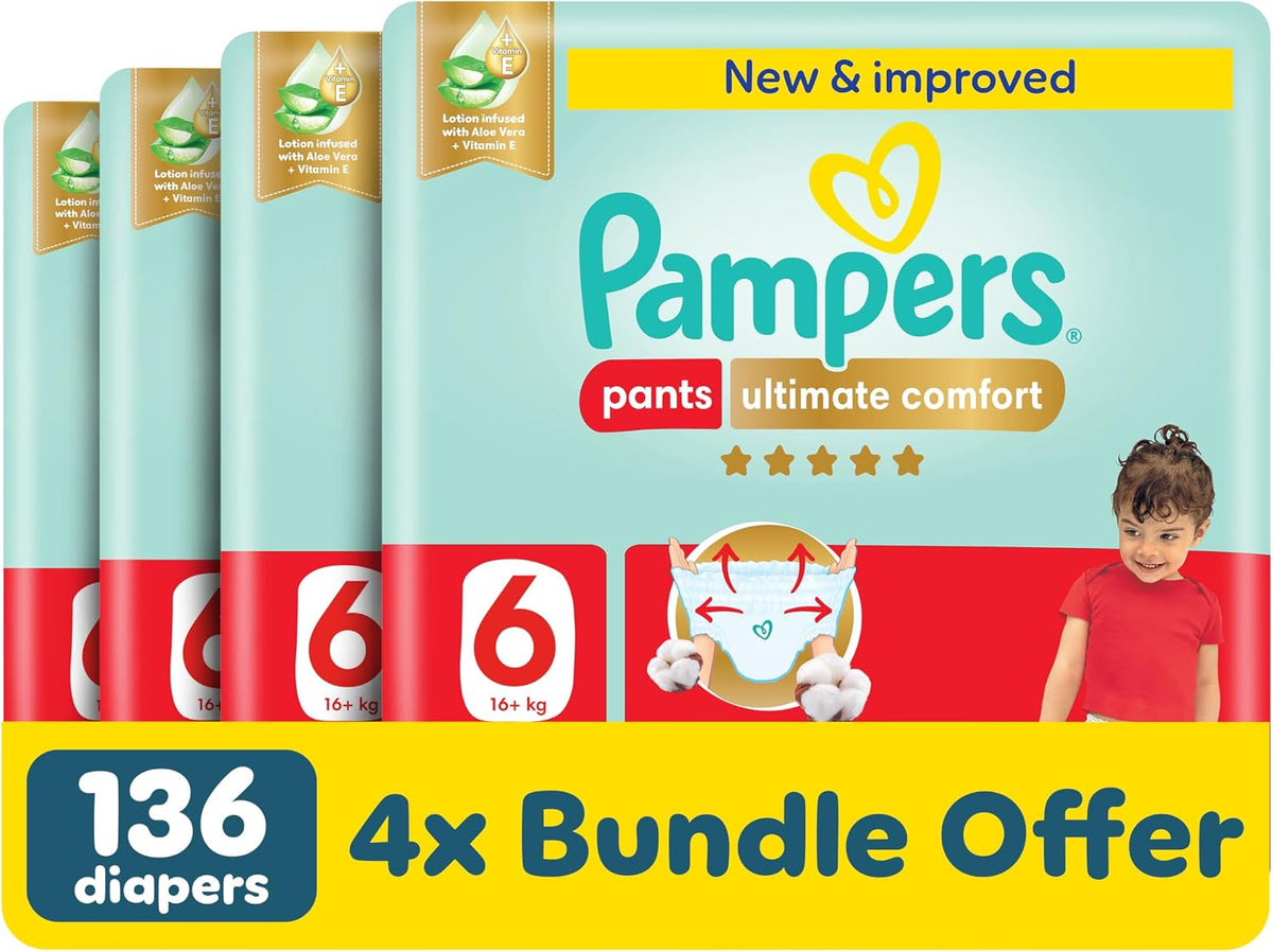 Pampers Ultimate Comfort Pants Diapers, Size 6, 16-21kg, Lotion infused with Aloe Vera and Vitamin E, Cottony Soft Fit for up to 100% Leakage Protection, Super Saving Pack, 136 Count