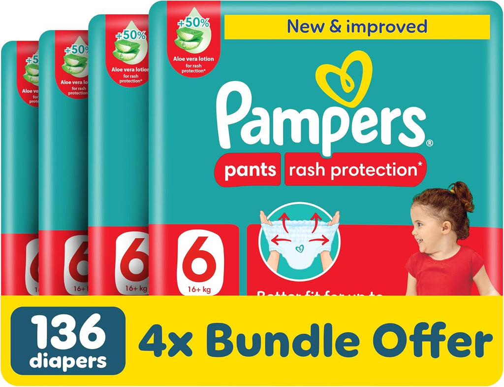 Pampers Rash Protection Pants Diapers, Size 6, 16+kg, +50% Aloe Vera Lotion, 360° Leak-Free Fit for up to 100% Leakage Protection, 136 Count