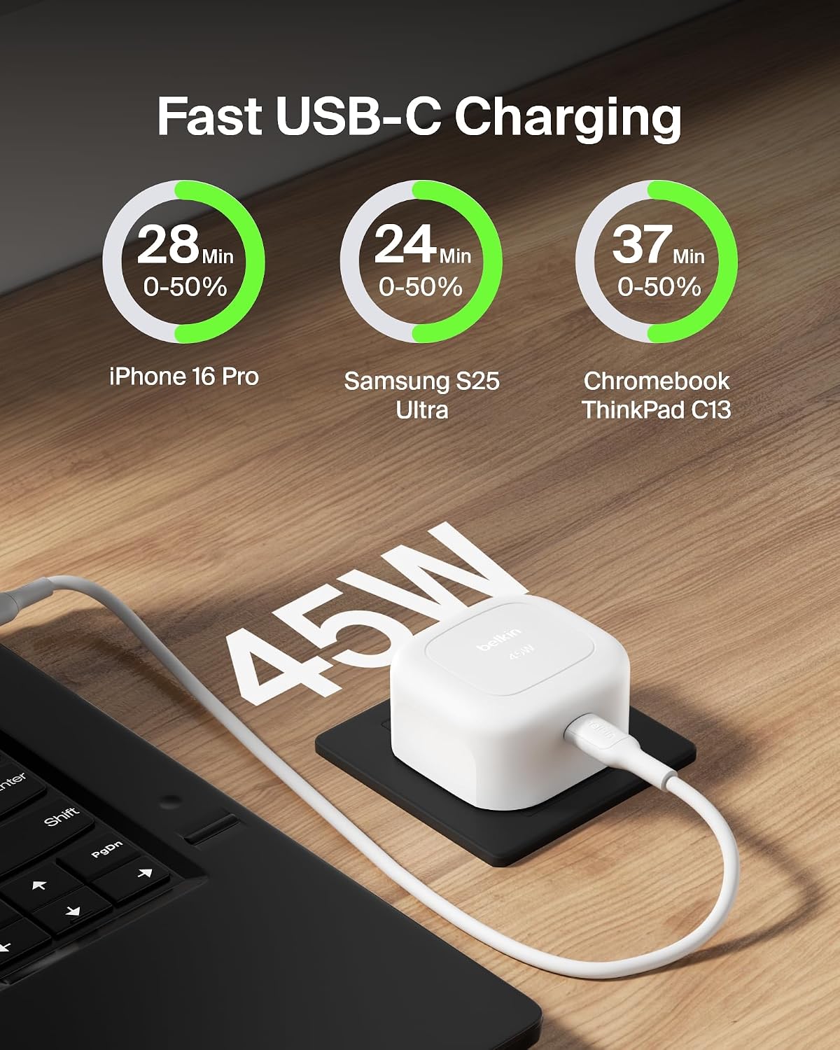 Belkin Compact Wall Charger 45W, USB-C Power Delivery Fast Charging for Apple iPhone 16, 16 Plus, 16 Pro, 16 Pro Max, 15 Series, Samsung Galaxy S25, iPad, AirPods & More - White