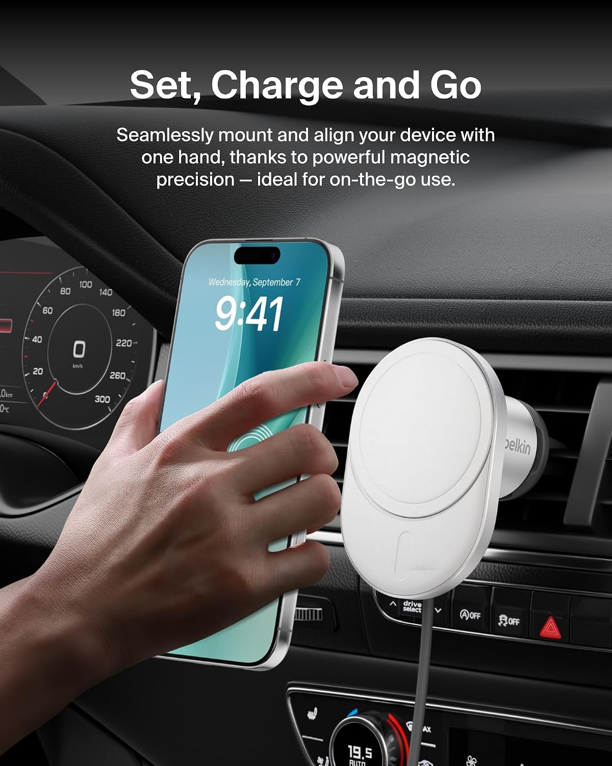 Belkin MagSafe Charger Compatible Magnetic Wireless Car Charger 15W - BoostCharge Pro MagSafe-Compatible Charger for Qi2, Magnetic Car Vent Phone Mount for iPhone 16, 15, 14, 13, & 12 Series - Gray