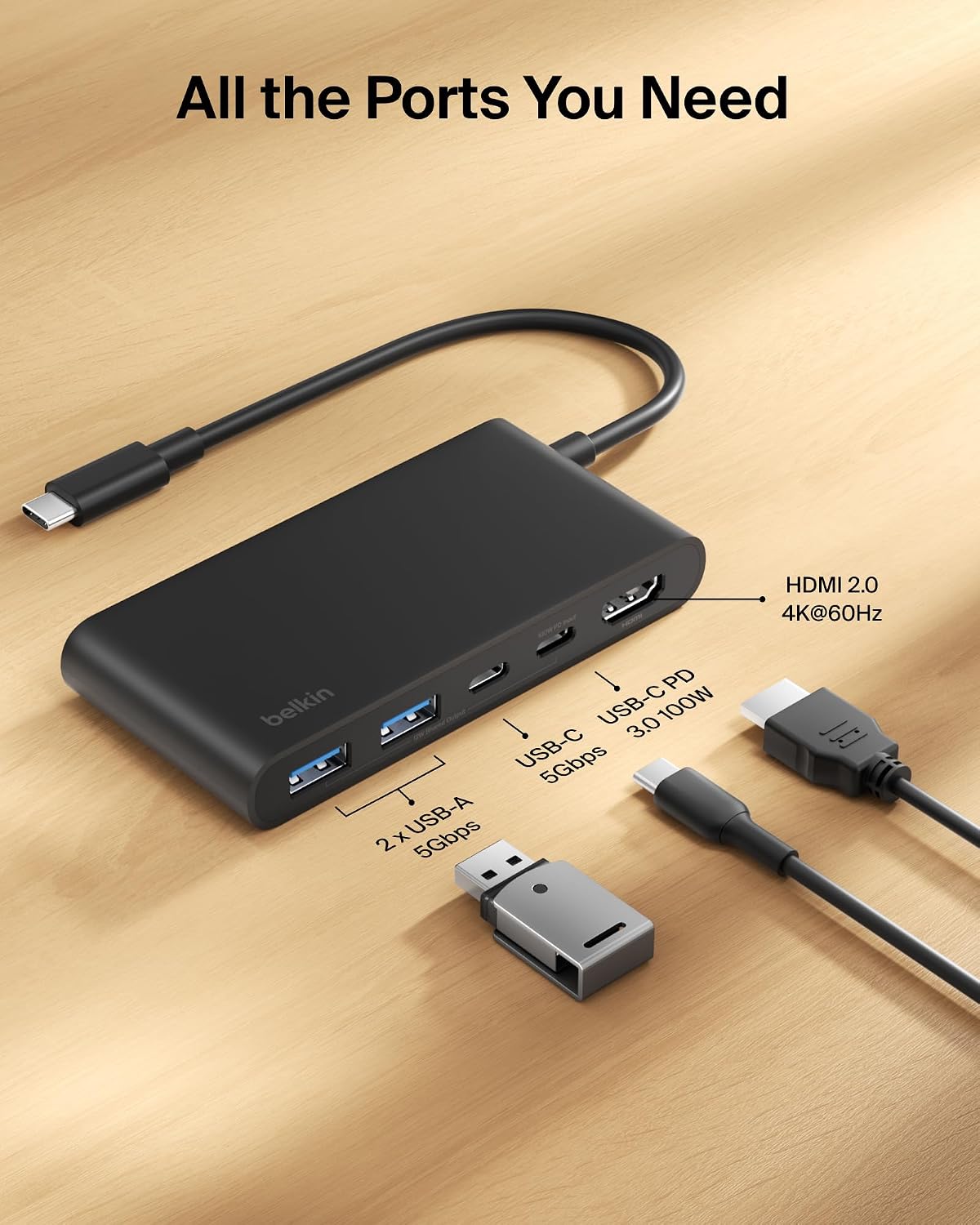 Belkin USB C Hub, 5-Port Hub w/ 4K HDMI Display @ 60Hz, 100W Power Delivery, Fast Data Transfer 5Gbps, USB C Multiport Adapter for MacBook, iPad Pro, Chromebook, & More - Upgraded HDMI 2.0 - Black