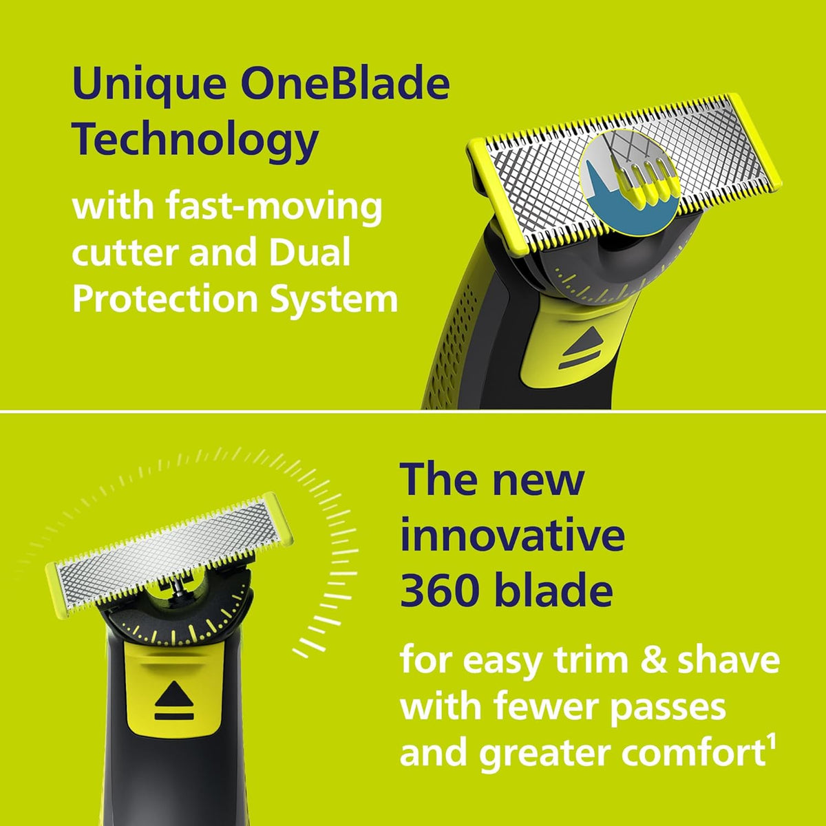 Philips Norelco OneBlade 360 Face, Hybrid Electric Beard Trimmer and Shaver with 5-in-1 Face Stubble Comb, Frustration Free Packaging, QP2724/90 — Black & Lime Green