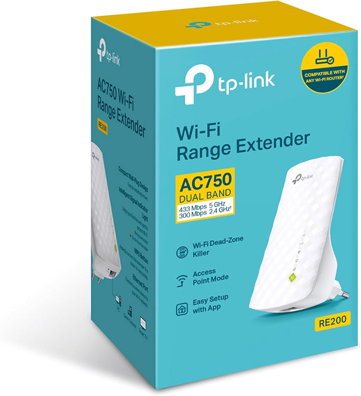 TP-Link RE200 AC750 Universal Dual Band Range Extender, Broadband/Wi-Fi Extender, Wi-Fi Booster/Hotspot with Ethernet Port, Plug and Play, Smart Signal Indicator, UK Plug
