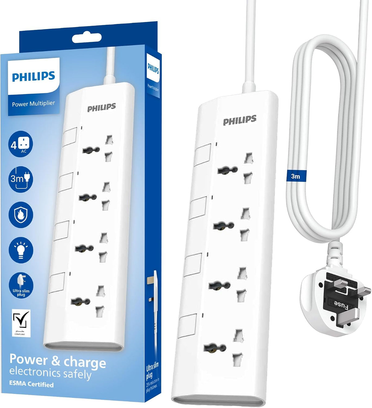 Philips 4-Way Universal Power Extension Cord with Individual Switches (3M), 2500W Overload Protection, 750°C Fire-Resistant, 3x1mm² Heavy Duty Cable, 13A Fuse, ESMA Certified, UK Plug (4UV-3m) — White