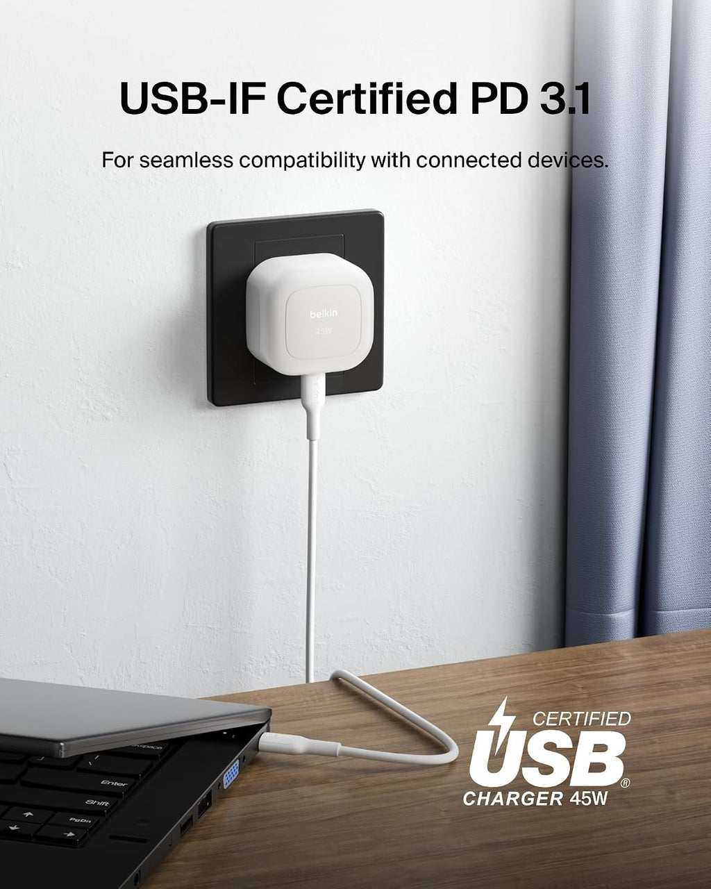 Belkin Compact Wall Charger 45W + USB-C to USB-C Cable, Fast Charging for Apple iPhone 17, iPhone Air, iPhone 16 Serie, Samsung Galaxy S25, Google Pixel, iPad, AirPods & More - White
