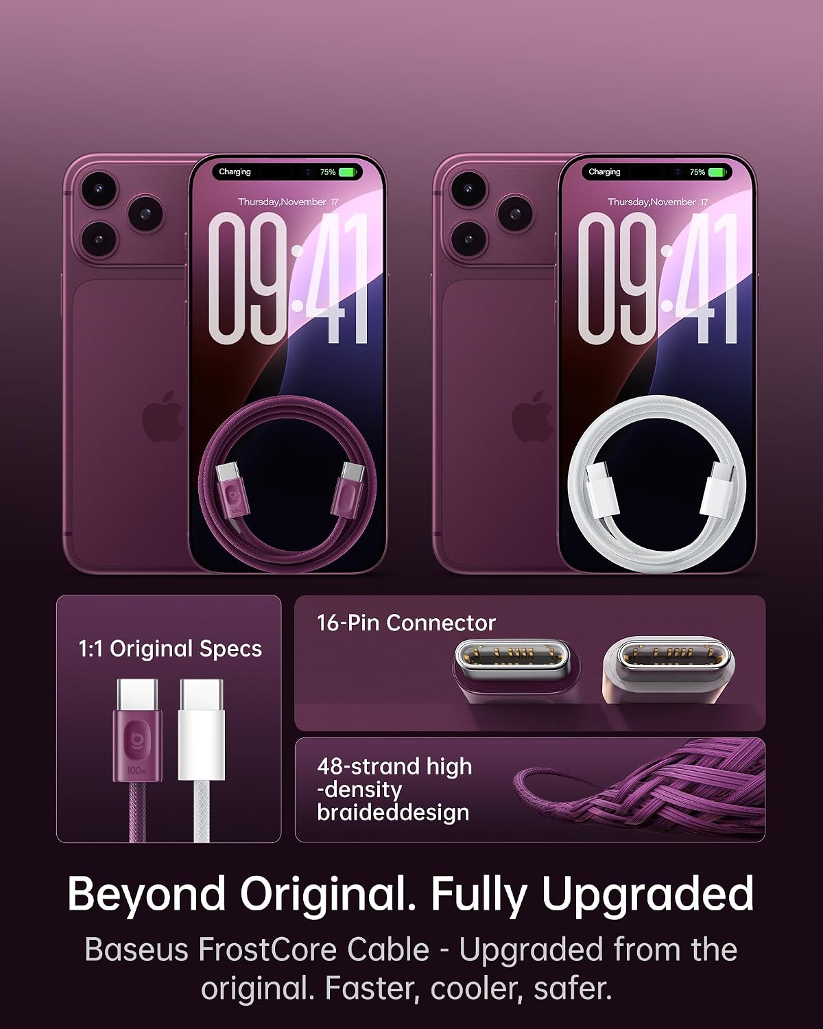 Baseus FrostCore USB-C to USB-C Cable 100W — 1.2m — Dark Cherry