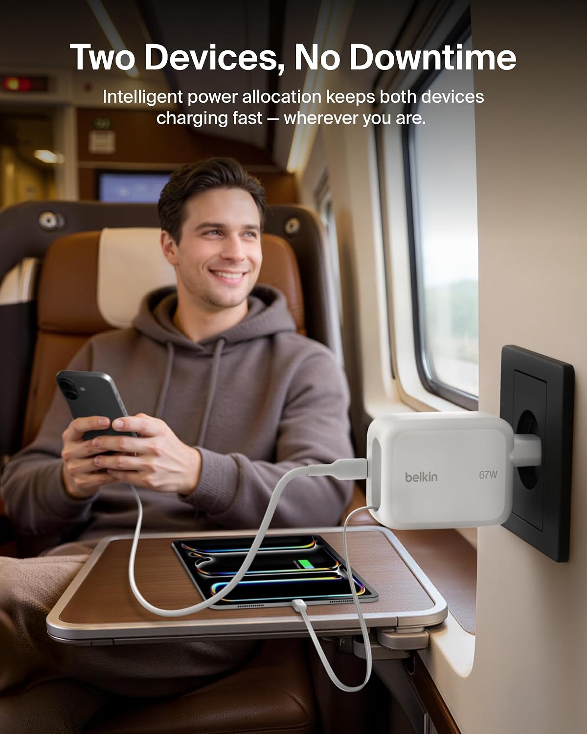 Belkin USB-C Charger Plug 67W with 3.3ft Retractable USB C Cable & Type C Port - GaN iPhone Charger, Fast Charging for iPhone 17 & 16 Series, Galaxy S26 Series, AirPods, Tablet, MacBook, Chromebook