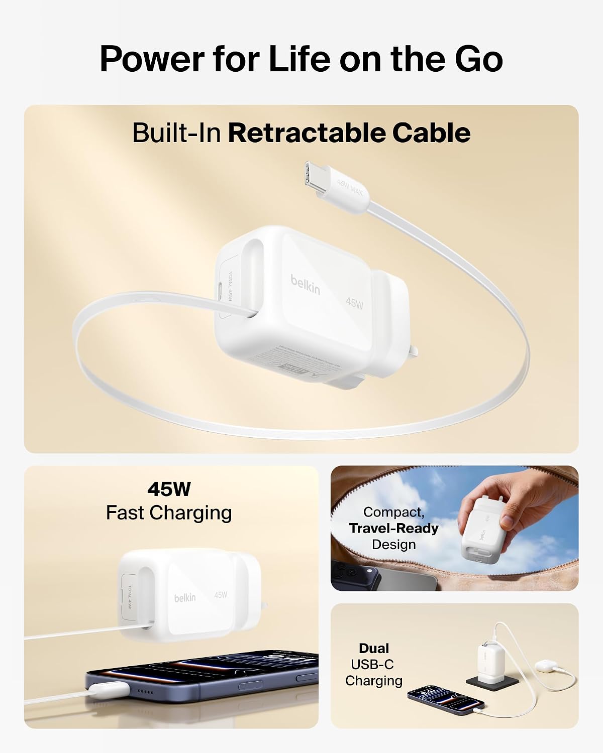Belkin UltraCharge USB-C Plug Charger 45W with 2.3ft (80cm) Retractable USB C Cable & USB C Port, Fast Charging for iPhone 17 & 16 Series, Galaxy S26 Series, AirPods, Tablet, MacBook, Laptop