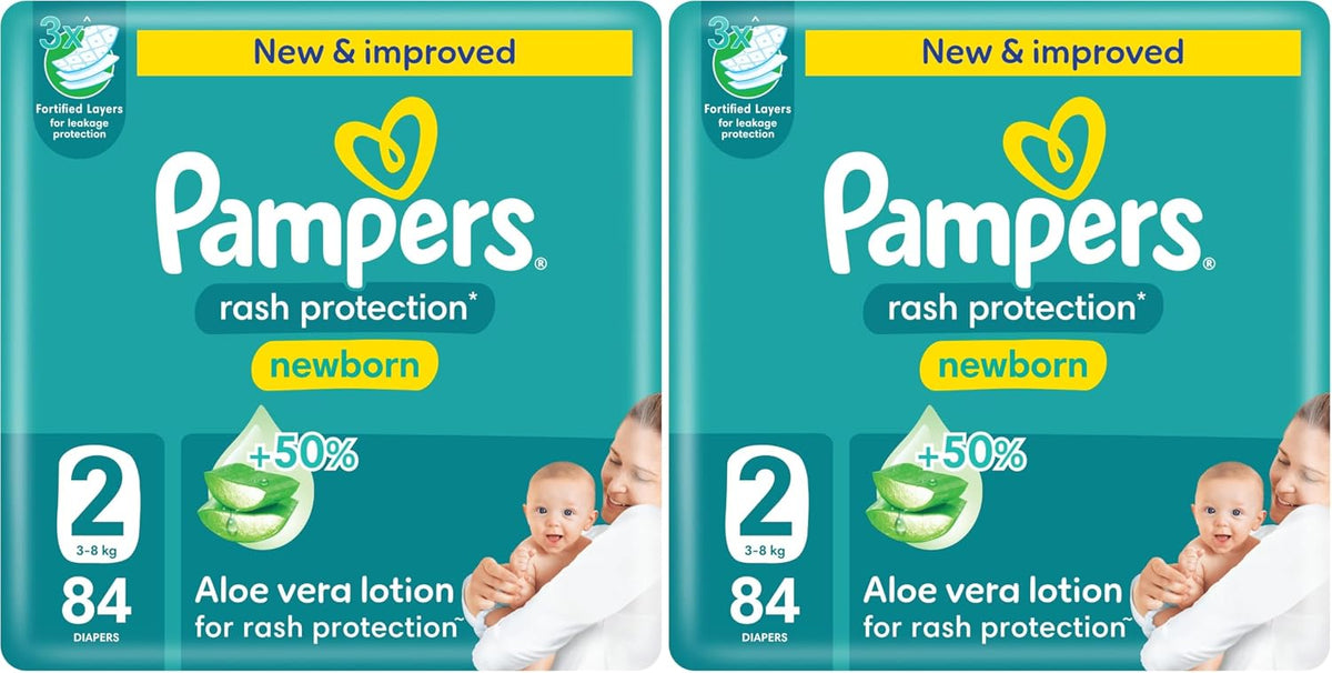 Pampers Rash Protection Aloe Taped Diapers, 3-8kg, Size 2, Mega 84 Count (Pack of 2)