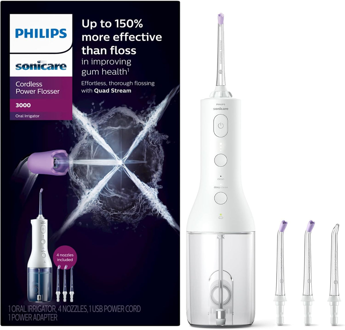 Philips SONICARE Philips Cordless Power Flosser 3000 + 2 Additional Nozzles (4 Total) White, HX3827/21 — New White + 4 Nozzles