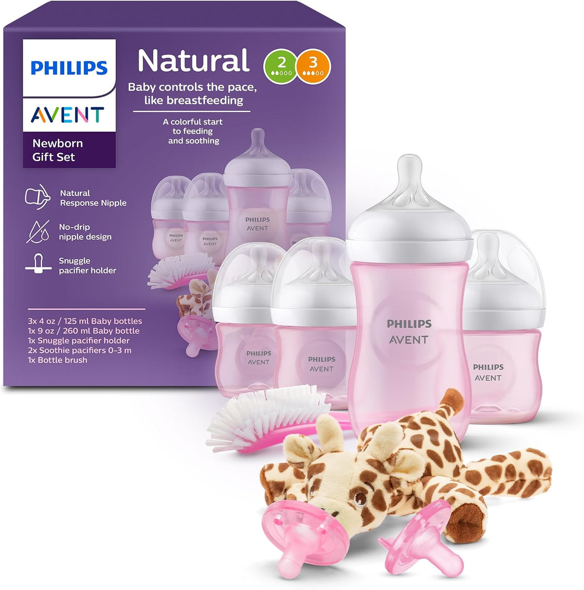 Philips AVENT Natural Baby Bottle with Natural Response , Pink Baby Gift Set with Snuggle, SCD838/03 — Pink