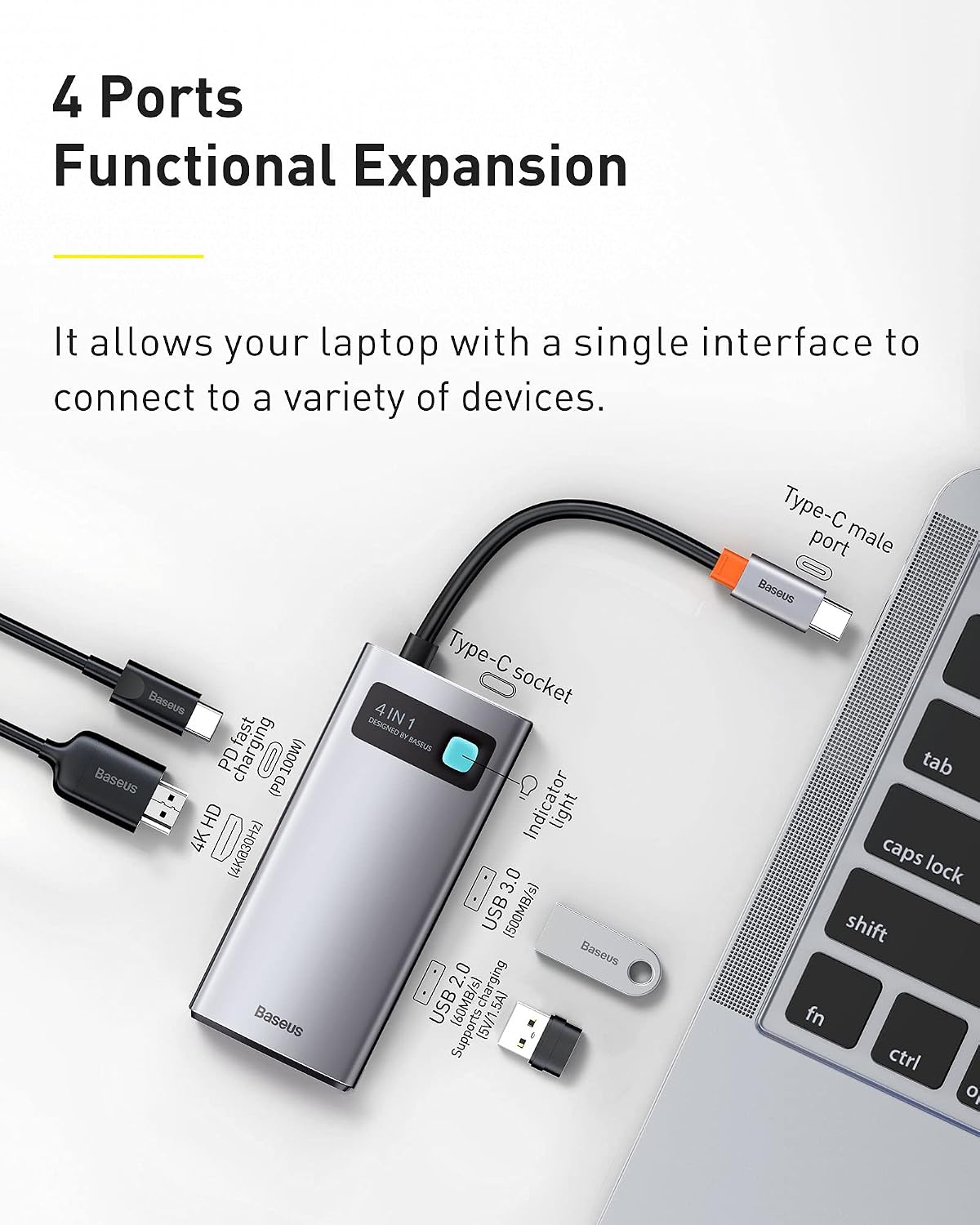 Baseus 4 in 1 USB C Hub, Docking Station 5Gbps Data Transfer, 4K@60Hz Type C to HDMI, 2 USB-A 3.0 Ports, PD 100W, Multiport Adapter — 4 in 1-GS — Grey