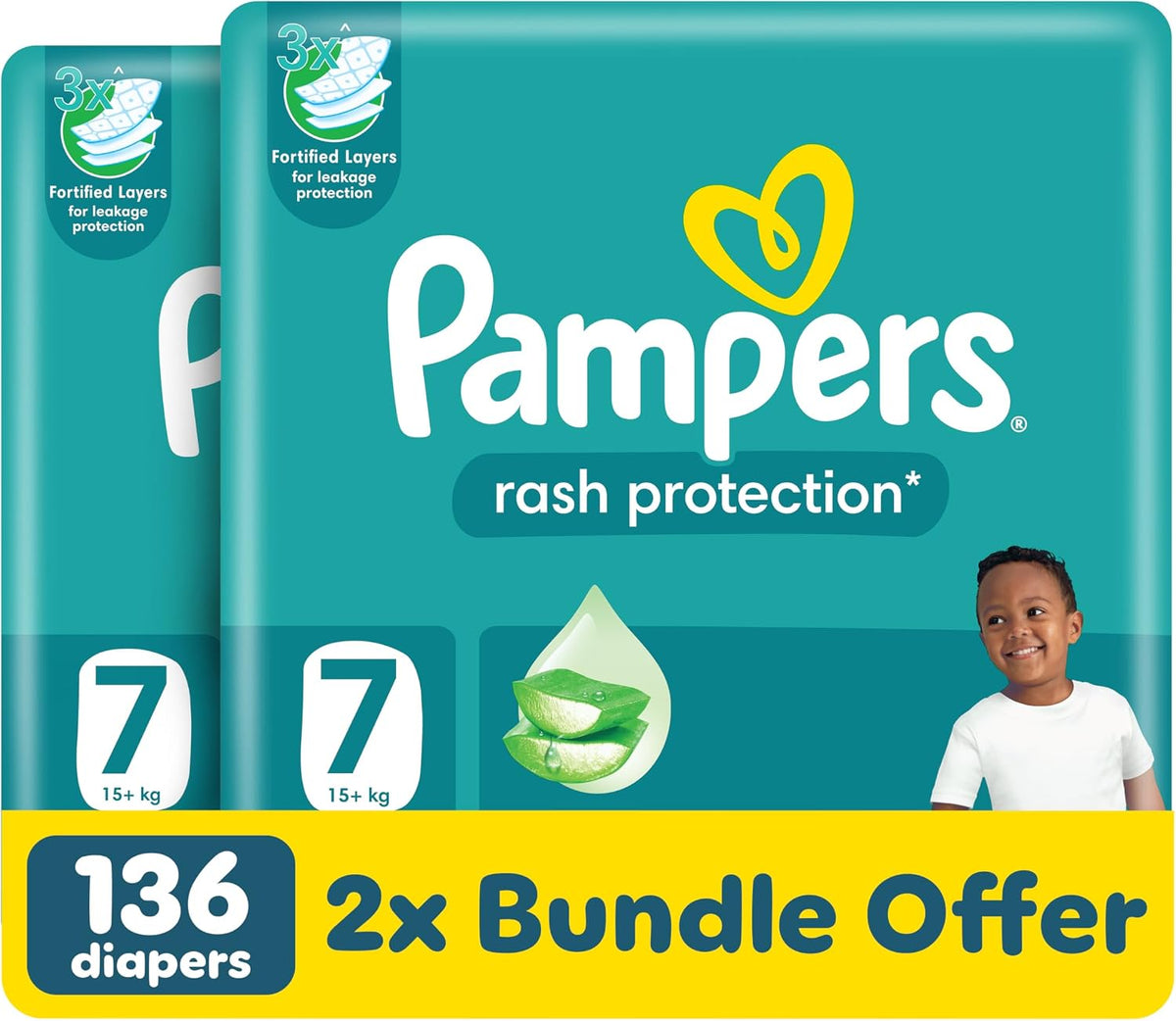 Pampers Rash Protection Aloe Taped Diapers 15+kg, Size 7,136 Count (2box of 68pcs)