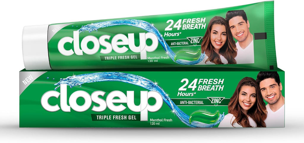 Closeup Triple Fresh Gel Toothpaste, Menthol Fresh, for 24HR fresh breath, 120ml — front product image